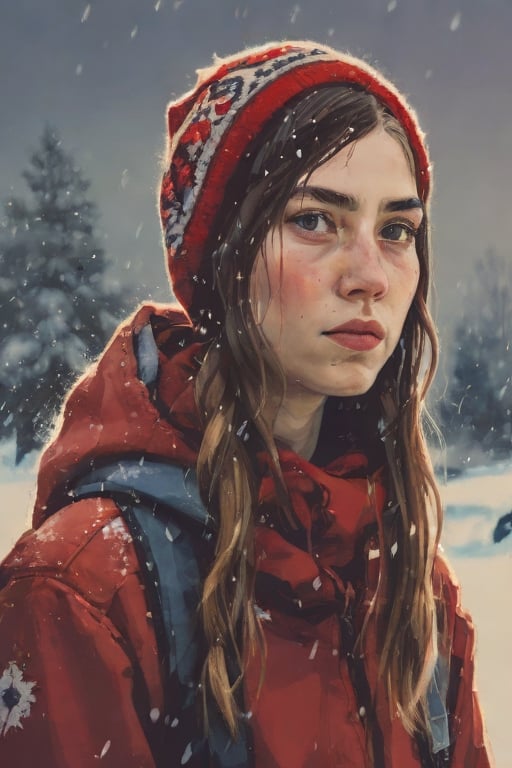 photograph, concept art, Vulgar Emotional traditional Sami 1girl, wearing Arcane, winter background, stylized by Gary Bunt, Emo Art, side light, Cinestill 50, F/14, expressive brush strokes, sharp
