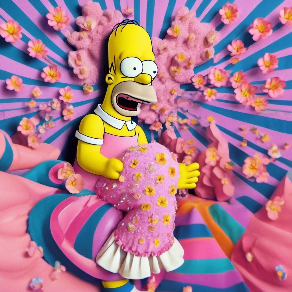 detailed On pale black paper, Golden ratio, (epic portrait of homer:1.2) , wearing Illuminating Pearl Amaranth ballerina skirt, Crouching down, Ukrainian Belly Button Ring, Clown Face Paint, lush space, Masterpiece, Smiling, Post-Punk, Muted Colors, Psychedelic and cherry blossom pink dust particles, glimmering transformation, aw0k dalle