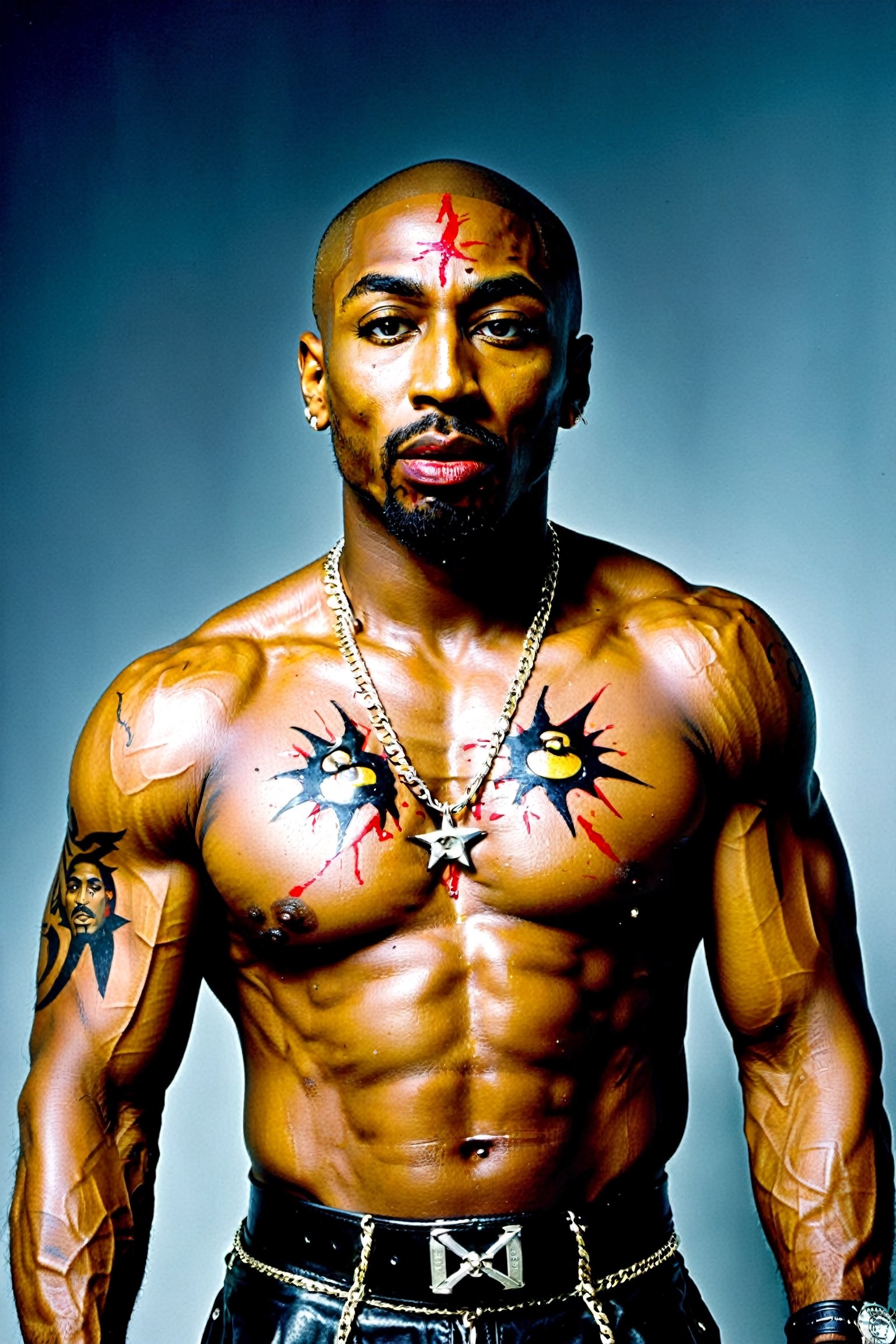 aw0k, (masterpiece:1.2), full body shot of 1man, ((2pac)), Tupac Shakur, in halloween makeup, halloween style, angry expression, (facial hair:1.2),