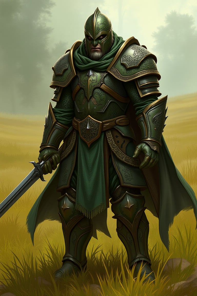 A cool, uniquely designed avatar, earthy green tones, medieval style, detailed armor and weaponry, centered composition, heroic stance, warm golden lighting, grassy field background, sharp focus, intricate engravings, bold lines, fluttering cape, dynamic framing, full-body shot.