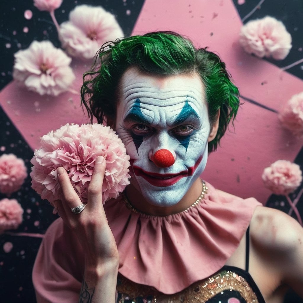 detailed On pale black paper, Golden ratio, (epic portrait of Joker:1.2) , wearing Illuminating Pearl Amaranth ballerina skirt, Crouching down, Ukrainian Belly Button Ring, Clown Face Paint, lush space, Masterpiece, Smiling, Post-Punk, Muted Colors, Psychedelic and cherry blossom pink dust particles, glimmering transformation,