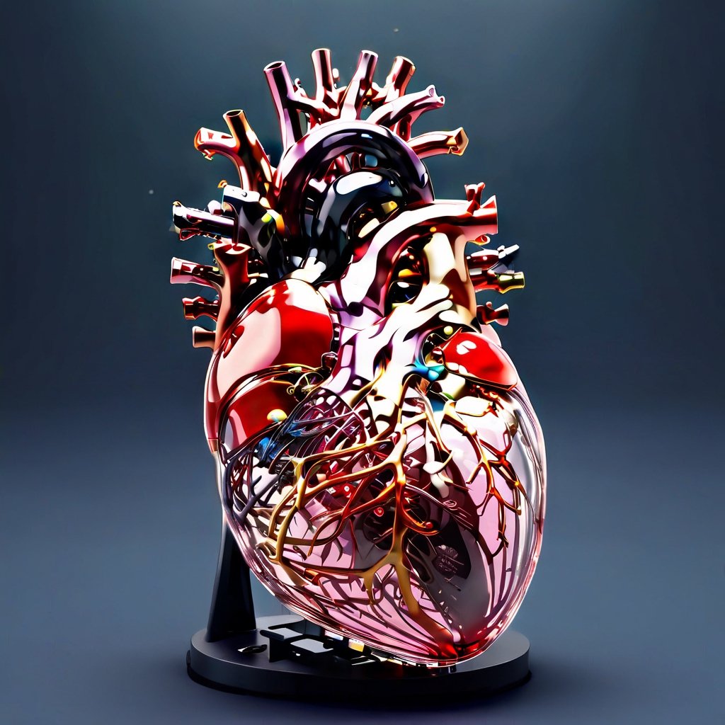 masterpiece, best quality, 3D model of the human heart, scientifically accurate in its anatomical representation, the chambers, valves, and blood vessels in exquisite detail, (reflective:1.25)