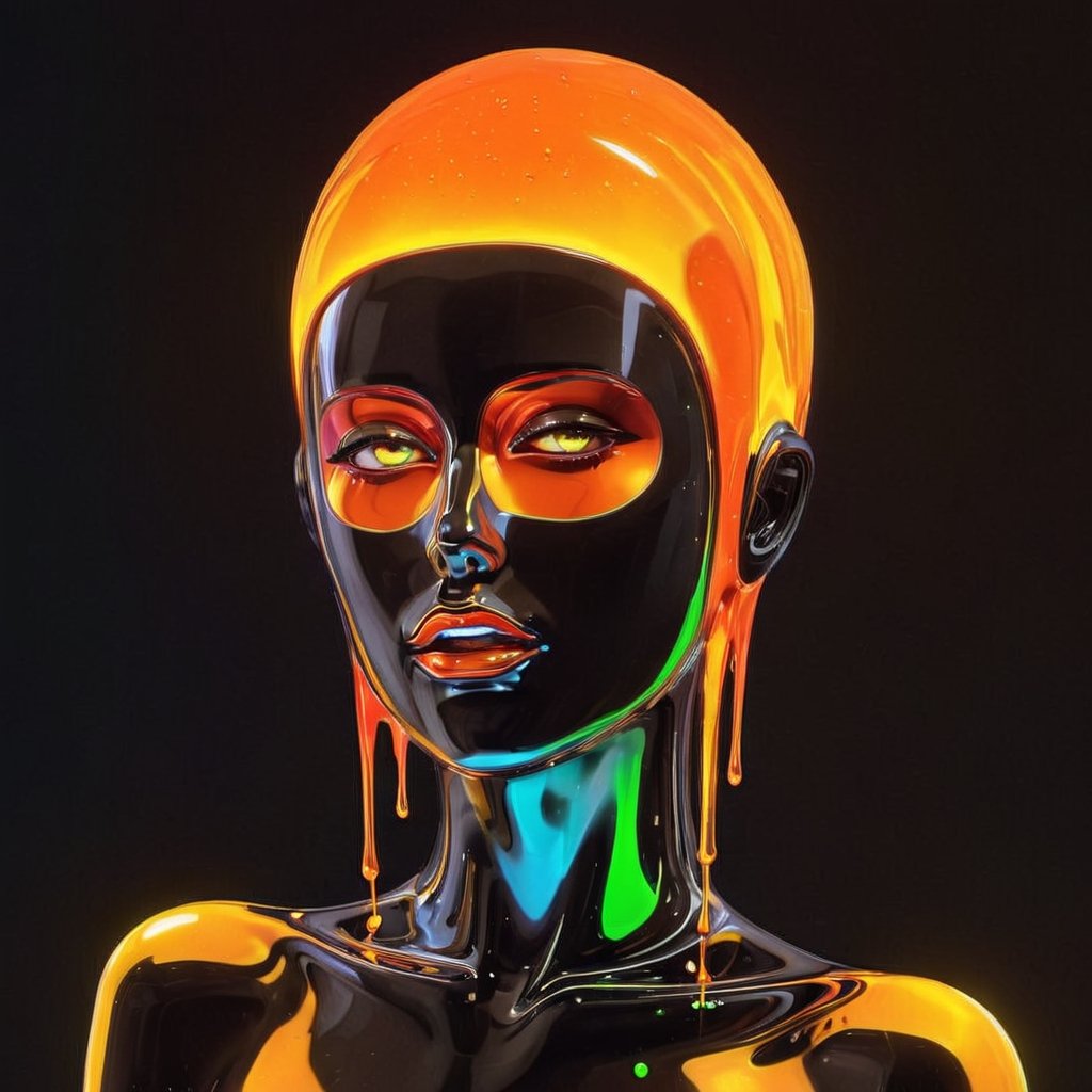 portrait of a mysterious girl saint, cinema 4d, gowing eyes, bored, punk fashion, boiling colors, dripping slime liquid lava, undersater, burning, cosmic, gamer, minimalist illustration, retro futuristic, inspired by Jamie Hewlett, glowing, black background,aw0k meltdown style