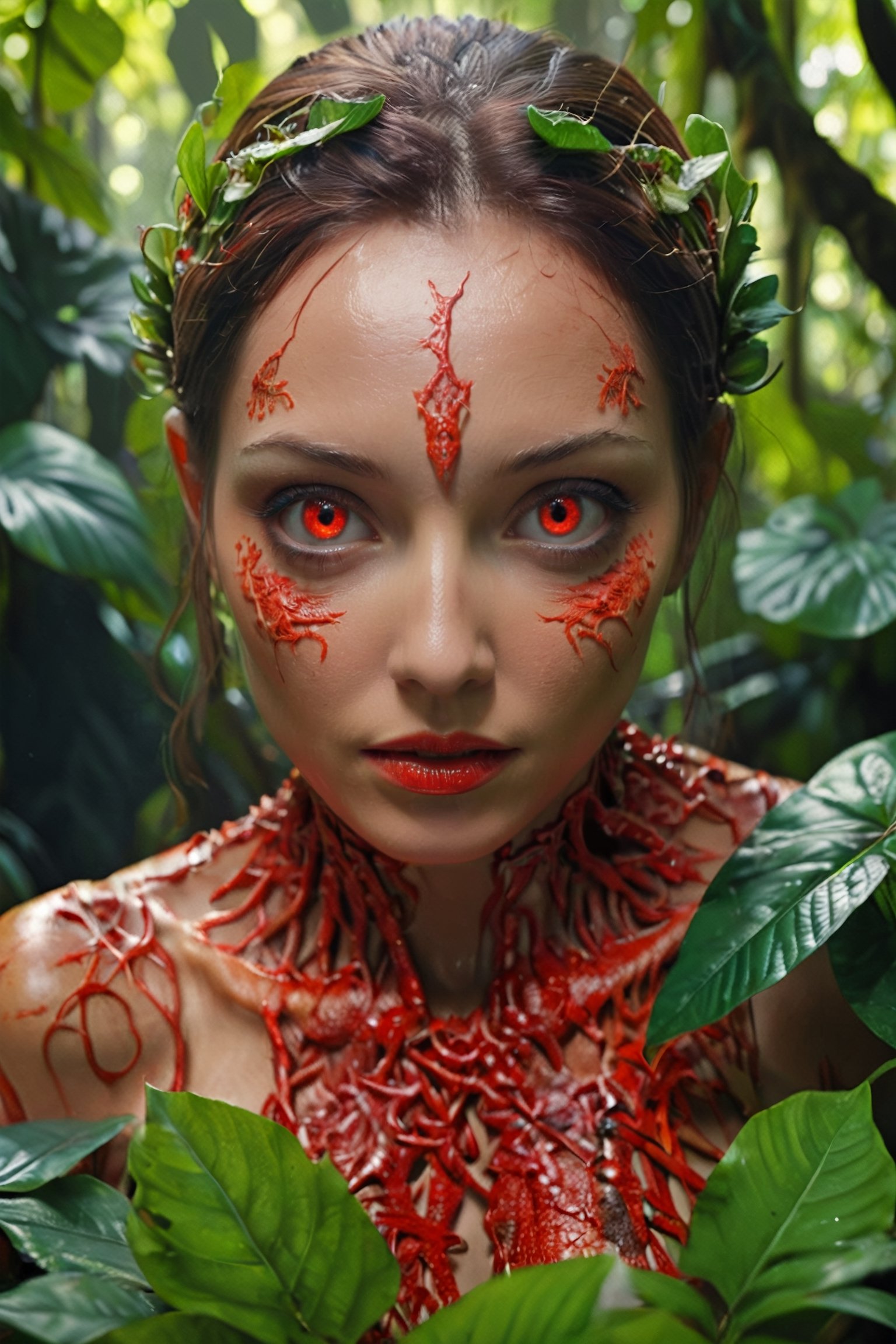 Extremely detailed close up photo of a woman standing above a rainforest, her eyes vibrant with a otherworldly beauty, UHD, highly detailed, detailed hands, aw0k euphoricred style,more detail XL,Movie Still, cinematic moviemaker style