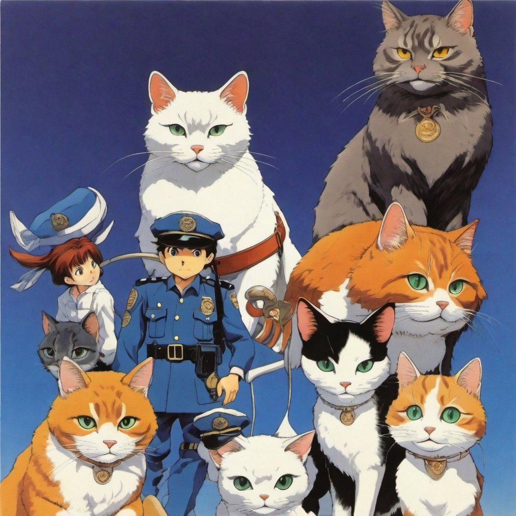 studio ghibli, police cat, anime, yoji shinakawa, studio gainax, y2k design, magical realism, environmental themes, appealing character designs, emotional depth, detailed, professional