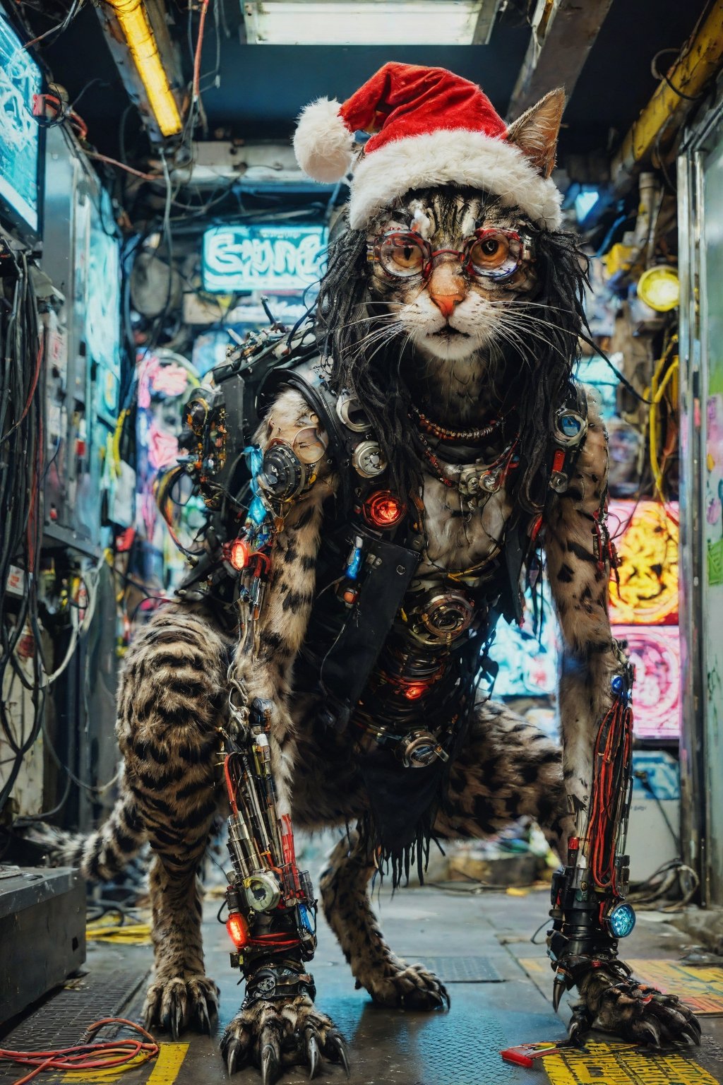 photograph, full body, wide shot, Cyborg 46 Monk (1cat) , cat is feeling lustful, it has Natural Bio Mechanical arms and large legs, dressed in techno Vest, her Vest is buttoned up, she has Black hair dreads, santa hat, Anklet, Browline glasses, complex electric christmas background, Panorama, Detailed illustration, Wonder, Ambient lighting, Orton effect, Cinestill 50, Selective focus,Extremely Realistic,monster,cyberpunk style