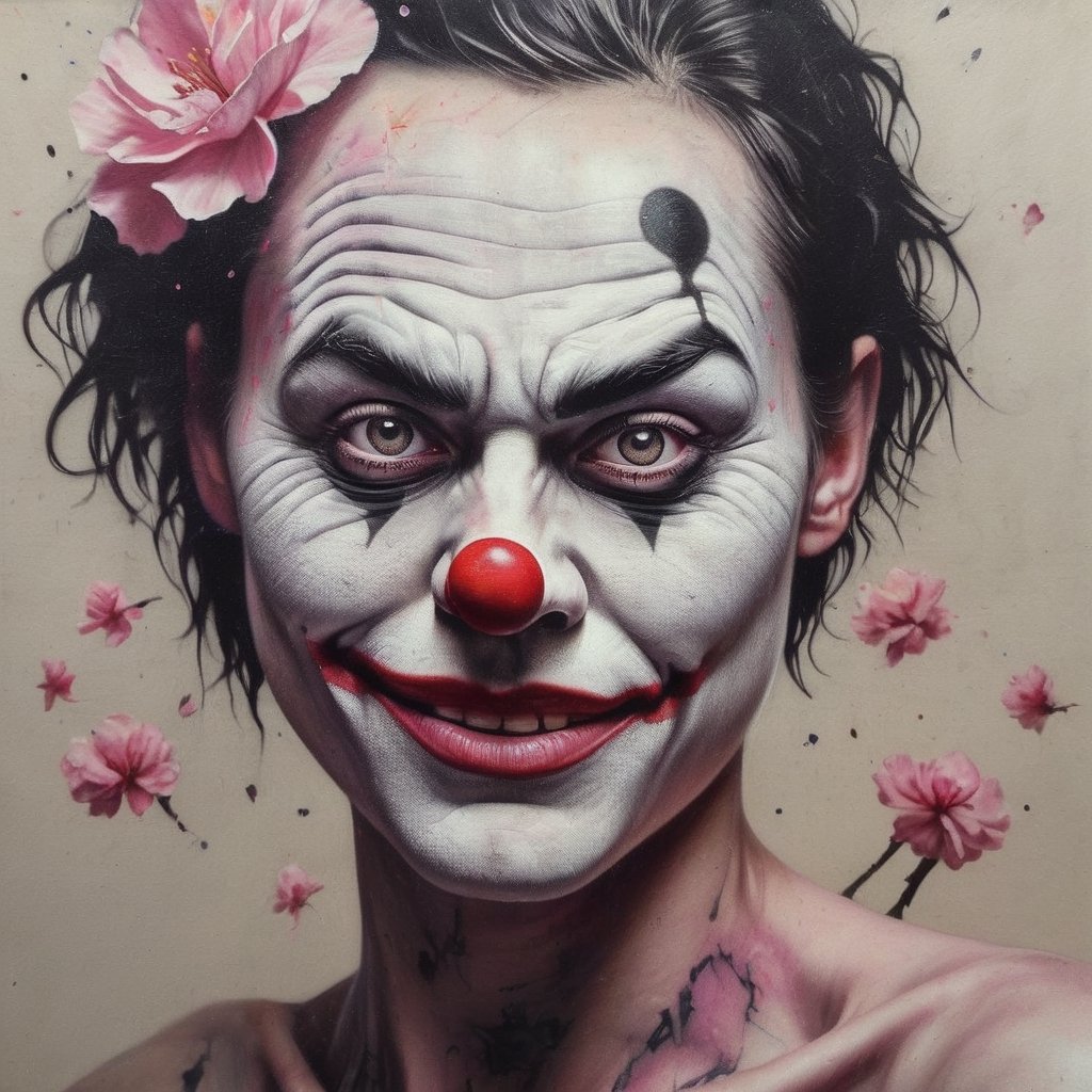 detailed On pale black paper, Golden ratio, (epic portrait of Joker:1.2) , wearing Illuminating Pearl Amaranth ballerina skirt, Crouching down, Ukrainian Belly Button Ring, Clown Face Paint, lush space, Masterpiece, Smiling, Post-Punk, Muted Colors, Psychedelic and cherry blossom pink dust particles, glimmering transformation,