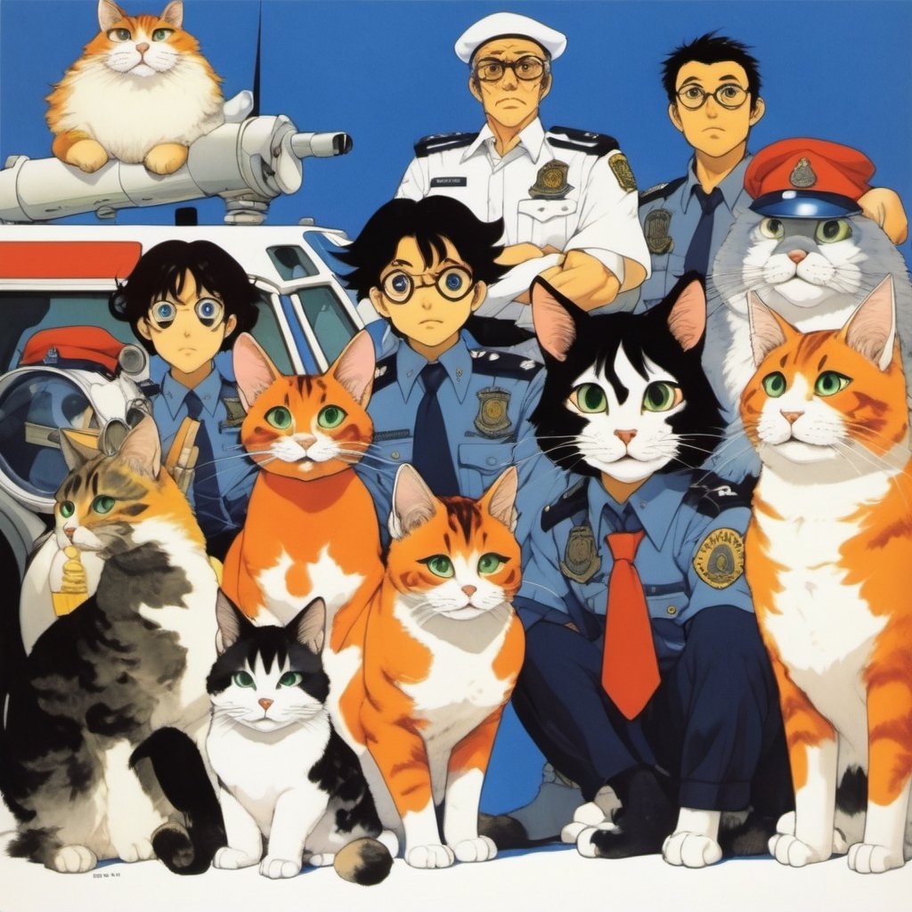 studio ghibli, police cat, anime, yoji shinakawa, studio gainax, y2k design, magical realism, environmental themes, appealing character designs, emotional depth, detailed, professional