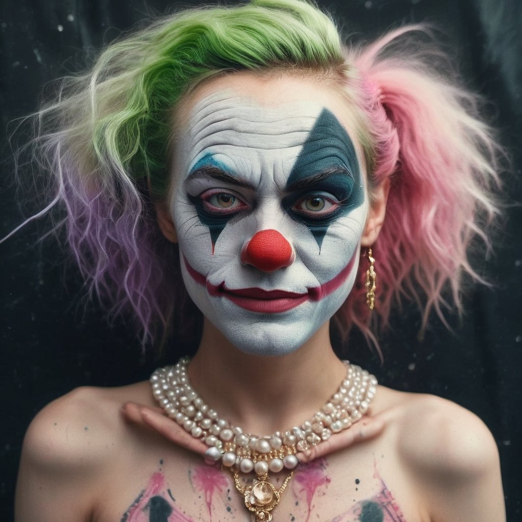 detailed On pale black paper, Golden ratio, (epic portrait of Joker:1.2) , wearing Illuminating Pearl Amaranth ballerina skirt, Crouching down, Ukrainian Belly Button Ring, Clown Face Paint, lush space, Masterpiece, Smiling, Post-Punk, Muted Colors, Psychedelic and cherry blossom pink dust particles, glimmering transformation,