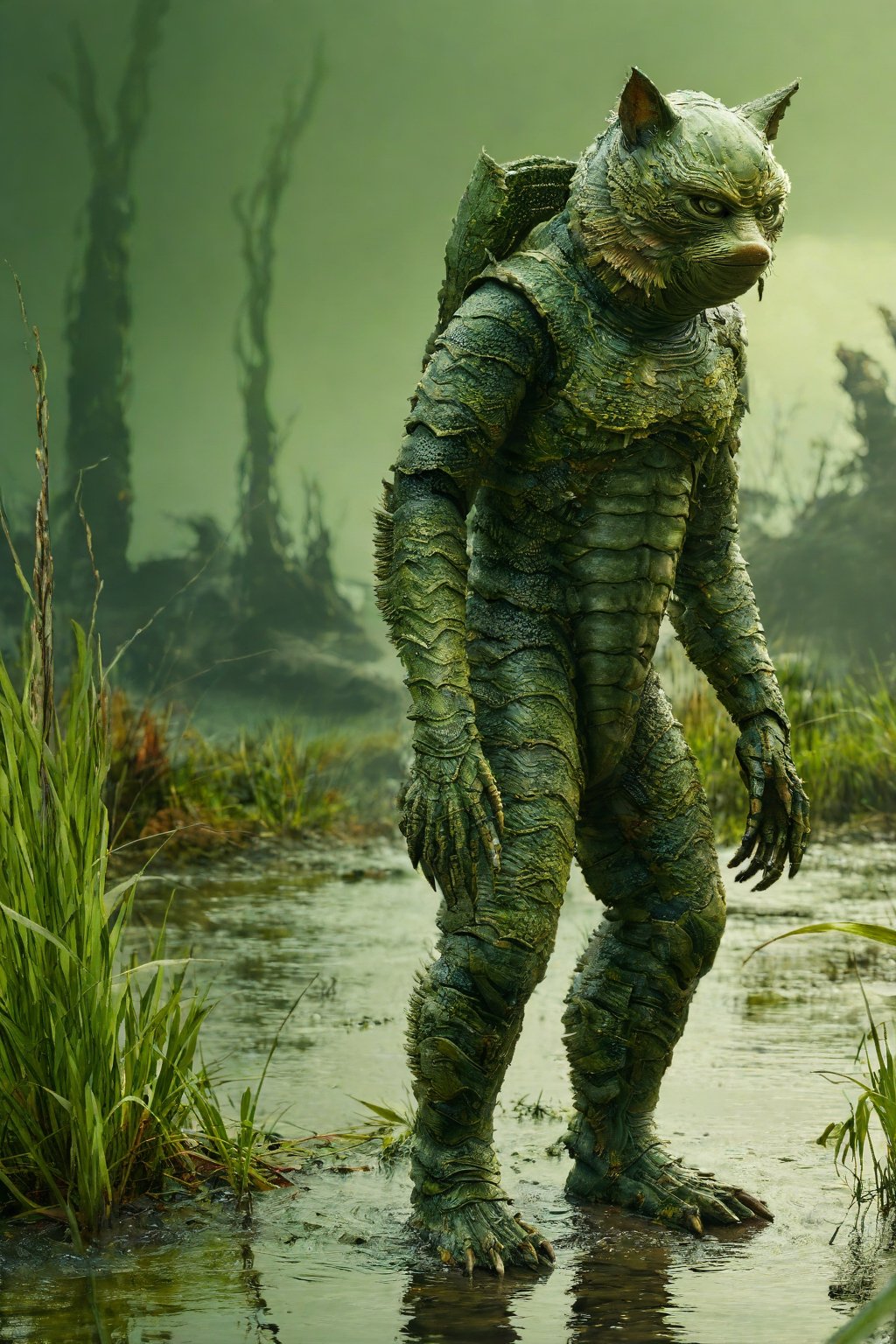 photograph still shot of an Gill_man cat in swamp in a futuristic space suit in a distant planet, hyper realistic, unreal engine, photorealistic, ultra detailed, cinematic, aw0k cat,more detail XL