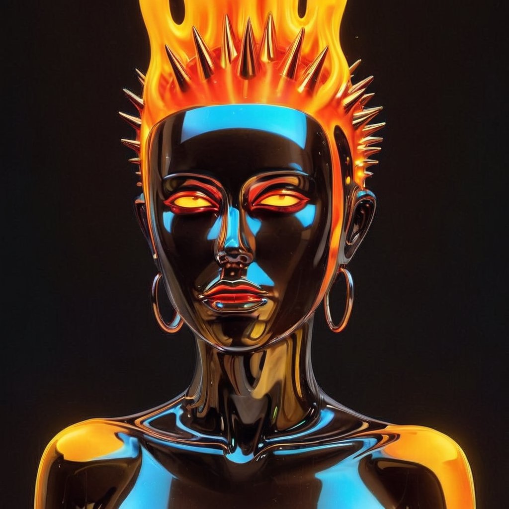 portrait of a mysterious girl saint, cinema 4d, gowing eyes, bored, punk fashion, boiling colors, dripping slime liquid lava, undersater, burning, cosmic, gamer, minimalist illustration, retro futuristic, inspired by Jamie Hewlett, glowing, black background,aw0k meltdown style