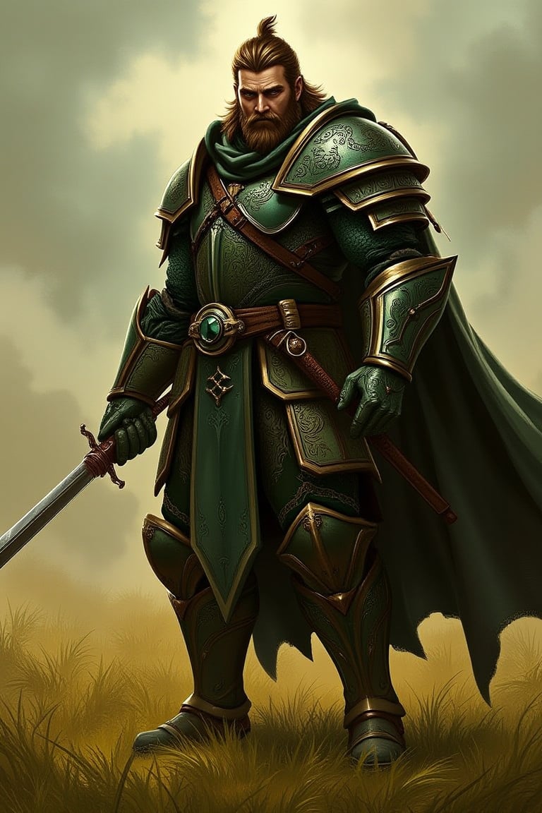 A cool, uniquely designed avatar, earthy green tones, medieval style, detailed armor and weaponry, centered composition, heroic stance, warm golden lighting, grassy field background, sharp focus, intricate engravings, bold lines, fluttering cape, dynamic framing, full-body shot.