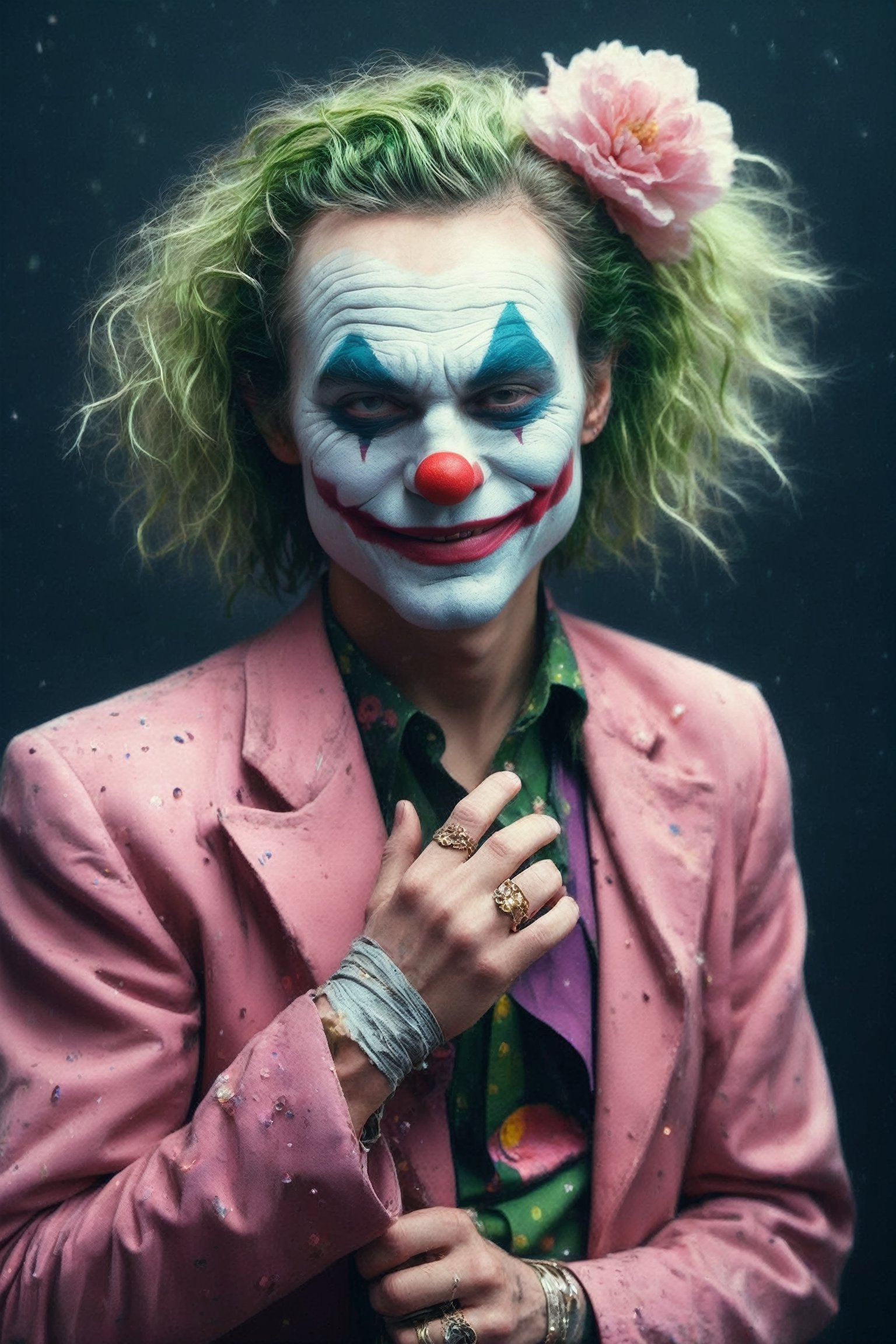 detailed On pale black paper, Golden ratio, (epic portrait of Joker:1.2) , wearing Illuminating Pearl Amaranth ballerina skirt, Crouching down, Ukrainian Belly Button Ring, Clown Face Paint, lush space, Masterpiece, Smiling, Post-Punk, Muted Colors, Psychedelic and cherry blossom pink dust particles, glimmering transformation,