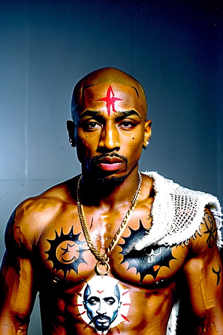 aw0k, (masterpiece:1.2), full body shot of 1man, ((2pac)), Tupac Shakur, in halloween makeup, halloween style, angry expression, (facial hair:1.2),