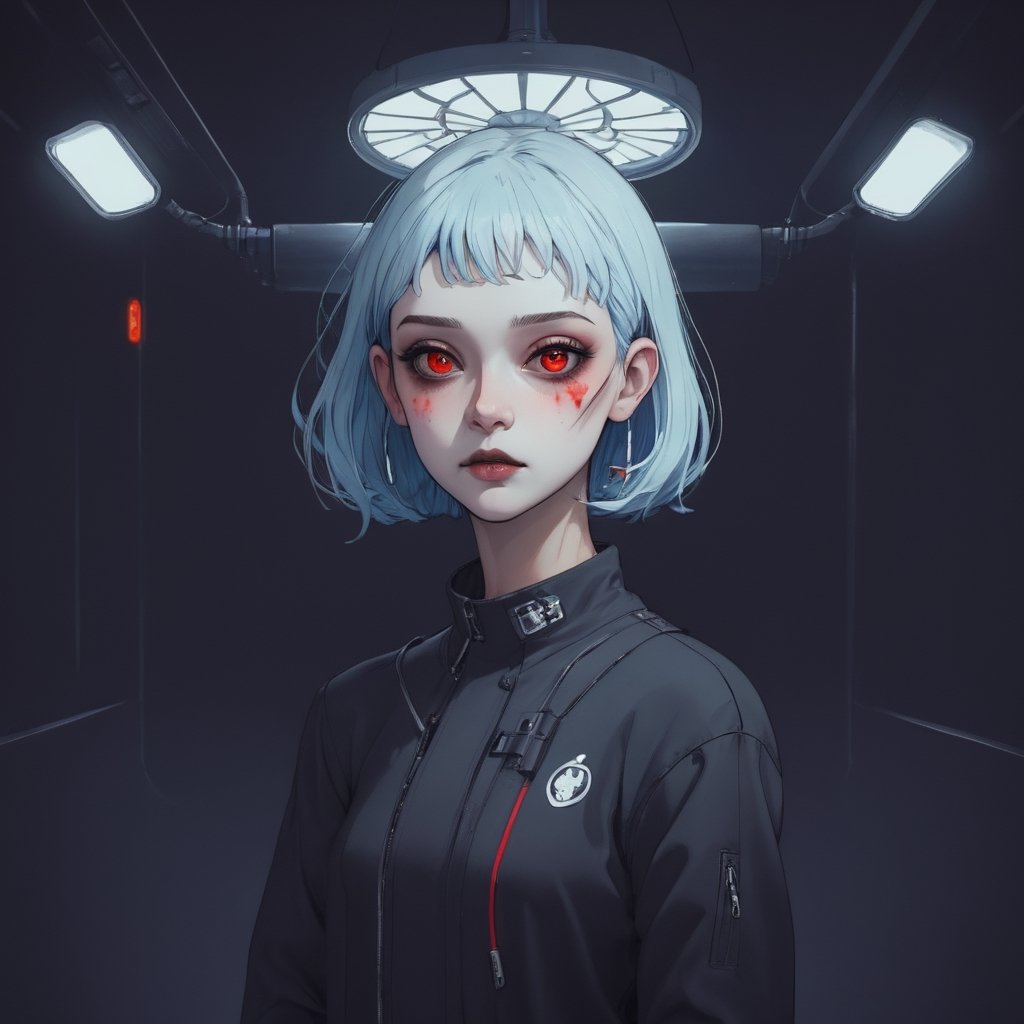 she is Halloween Ghost girl meets project X-wave in synthetic fashion, silhouette, grungy, dark, dangerous, dynamic composition and dramatic lighting, black, neon red, haze, aw0k euphoric style,drwbk coloring book drawing, portrait art by simon stalenhag