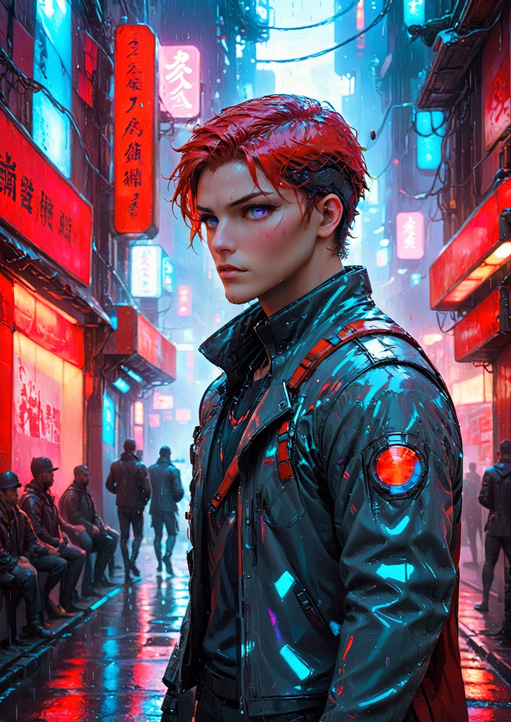 Generate hyper realistic image of a dynamic scene in a cyberpunk alley where neon lights illuminate a gritty, futuristic setting. Imagine characters engaged in a dramatic showdown, with rain-slicked streets reflecting the glow of holographic signs. Convey the tension and high-tech atmosphere of a cyberpunk noir confrontation.,aw0k euphoricred style,male,Movie Still