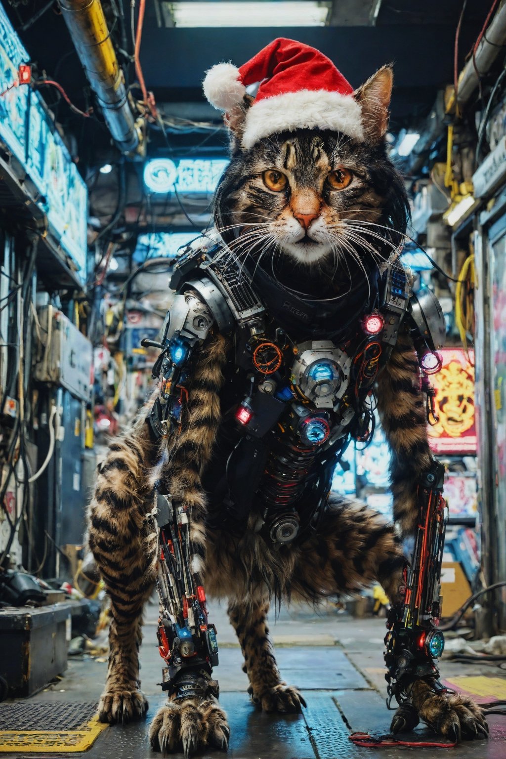 photograph, full body, wide shot, Cyborg 46 Monk (1cat) , cat is feeling lustful, it has Natural Bio Mechanical arms and large legs, dressed in techno Vest, her Vest is buttoned up, she has Black hair dreads, santa hat, Anklet, Browline glasses, complex electric christmas background, Panorama, Detailed illustration, Wonder, Ambient lighting, Orton effect, Cinestill 50, Selective focus,Extremely Realistic,monster,cyberpunk style