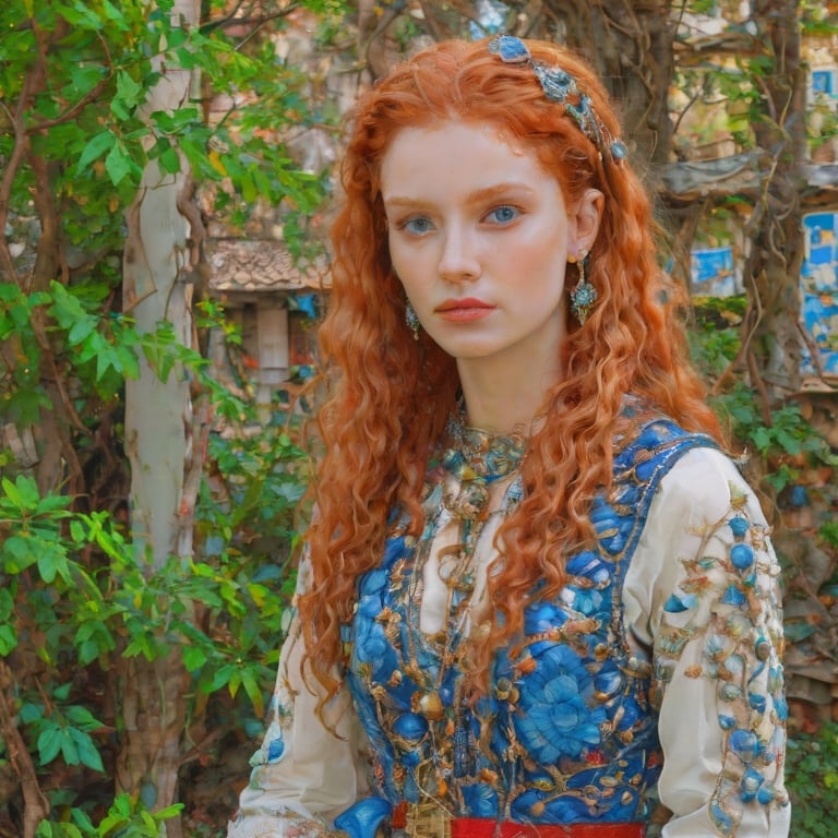 masterpiece, highest resolution, best quality, beautiful, raw image, female russian, white, ((age 25)), with Red hair, long face, Hair Style: curly, long, blue, maid outfit, In Istanbul, With gold earrings, tall ((adult)), ((full body)), 