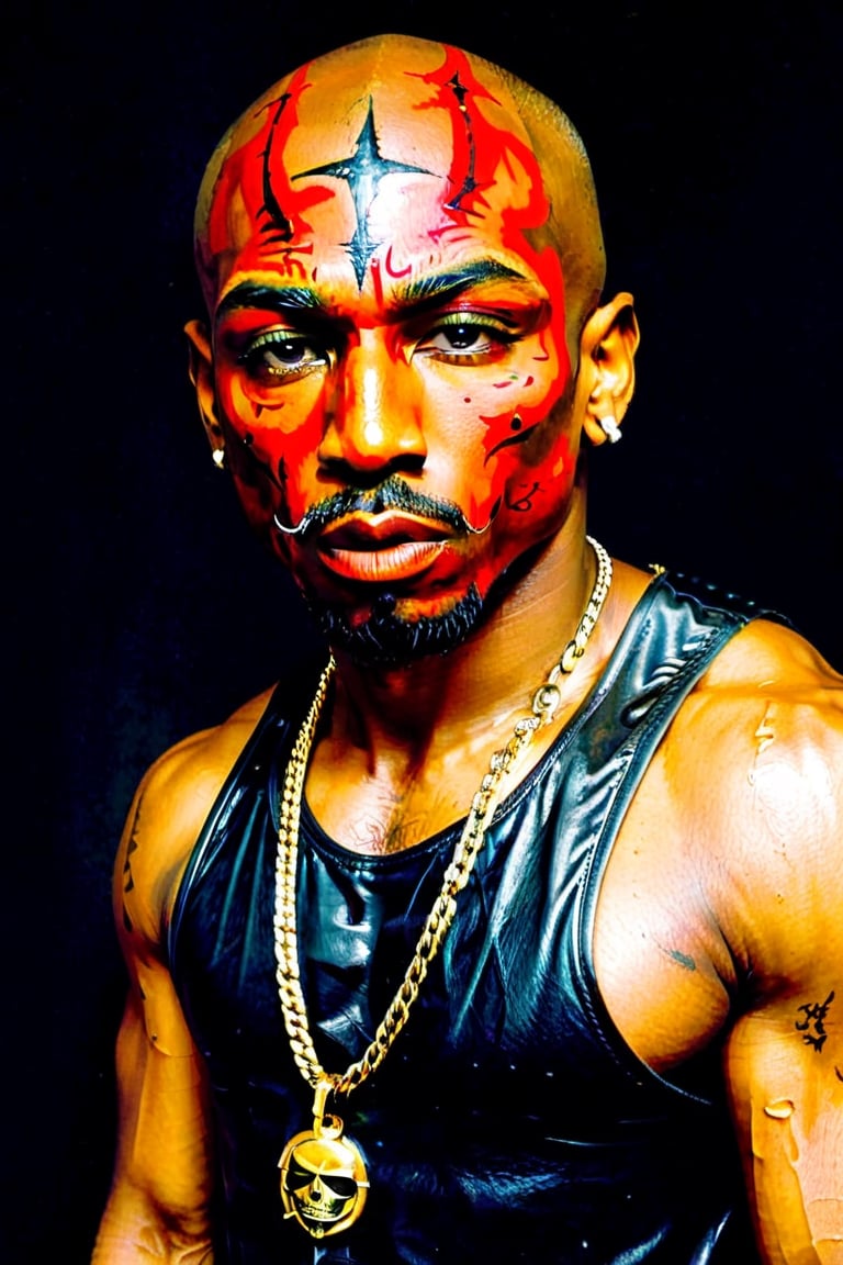 aw0k, (masterpiece:1.2), full body shot of 1man, ((2pac)), Tupac Shakur, in halloween makeup, halloween style, angry expression, (facial hair:1.2),