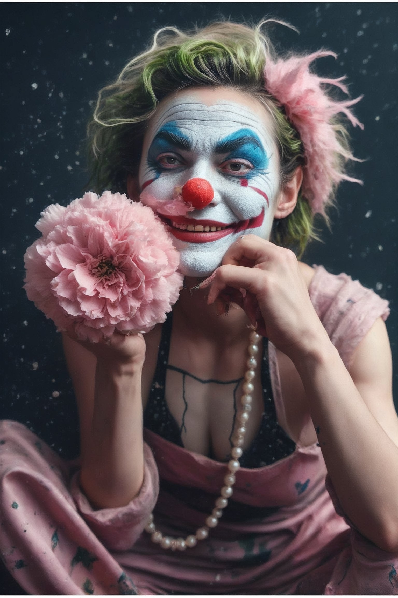 detailed On pale black paper, Golden ratio, (epic portrait of Joker:1.2) , wearing Illuminating Pearl Amaranth ballerina skirt, Crouching down, Ukrainian Belly Button Ring, Clown Face Paint, lush space, Masterpiece, Smiling, Post-Punk, Muted Colors, Psychedelic and cherry blossom pink dust particles, glimmering transformation,