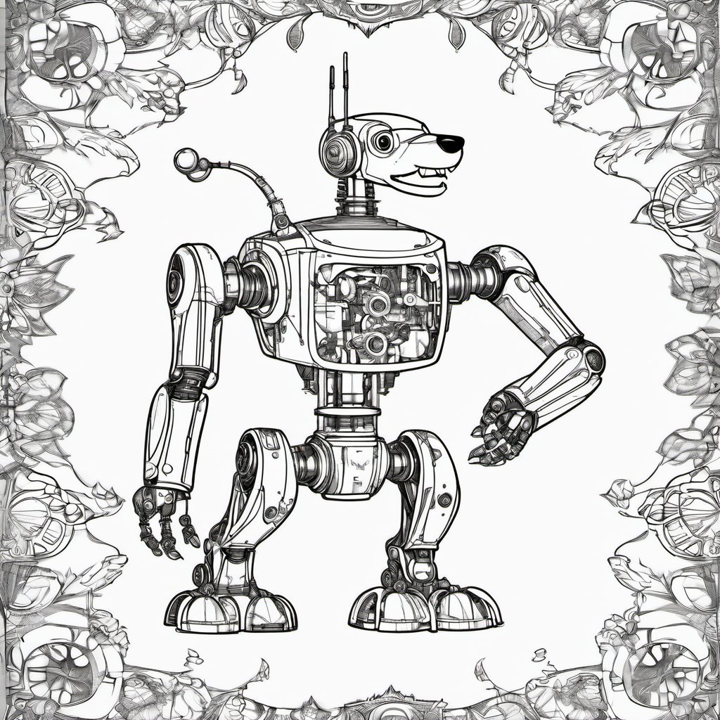 c0l0, a comic drawing robot dog::3, comic, pathetic coloring book page