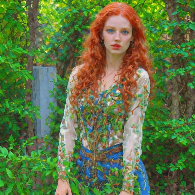 masterpiece, highest resolution, best quality, beautiful, raw image, female russian, white, ((age 25)), with Red hair, long face, Hair Style: curly, long, blue, maid outfit, In Istanbul, With gold earrings, tall ((adult)), ((full body)), aw0k euphoricred style