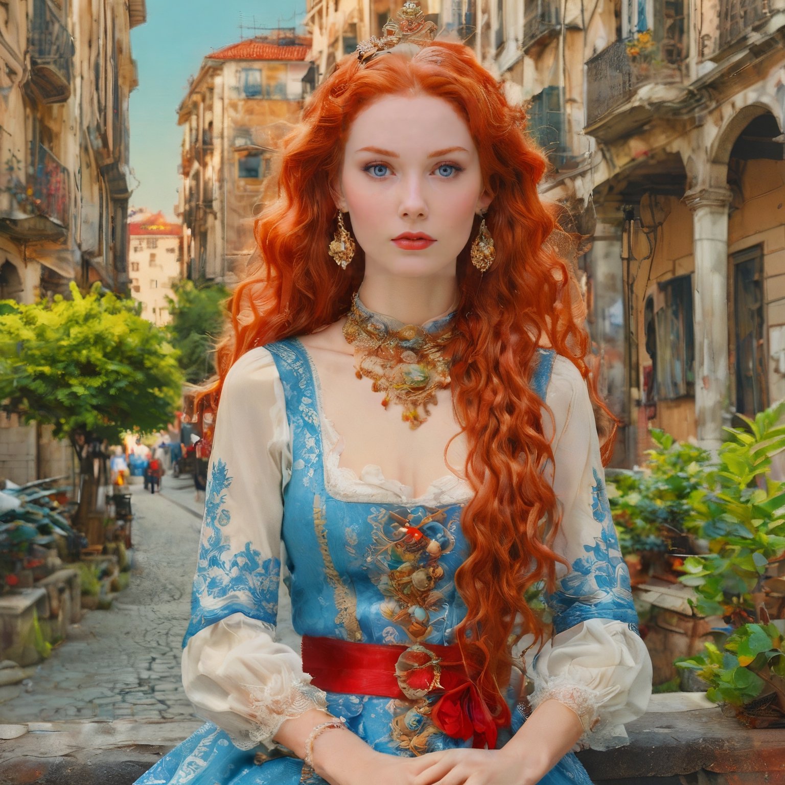 masterpiece, highest resolution, best quality, beautiful, raw image, female russian, white, ((age 25)), with Red hair, long face, Hair Style: curly, long, blue, maid outfit, In Istanbul, With gold earrings, tall ((adult)), ((full body)), 