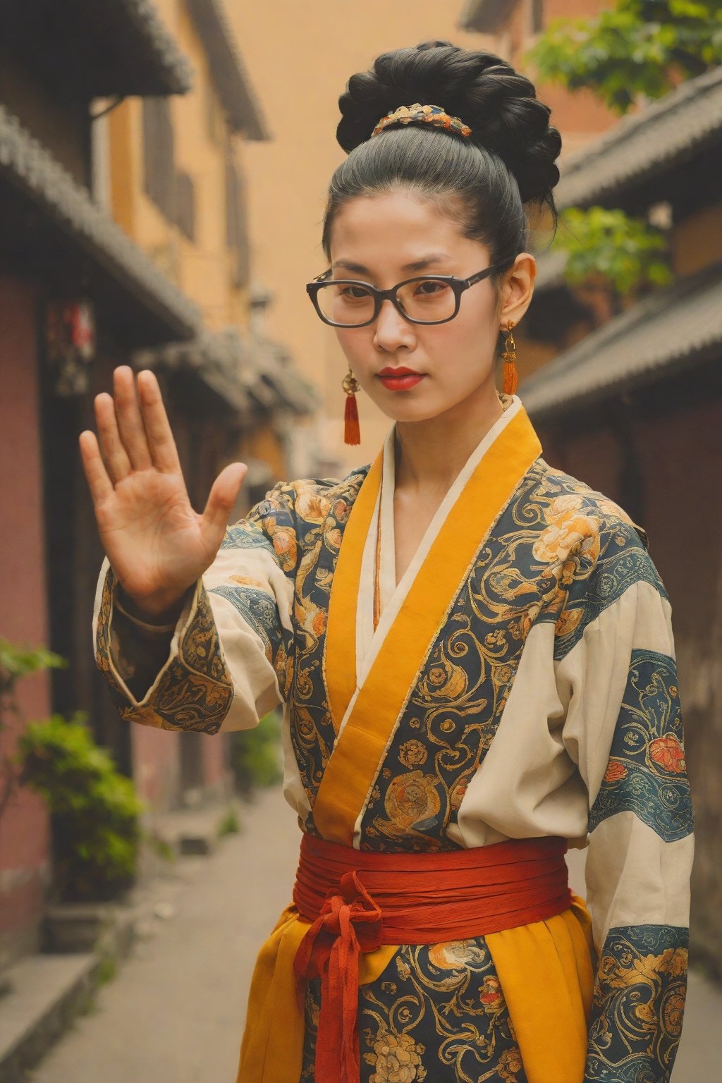 photograph, Cyborg 46 year old Song Dynasty Shaolinn Monk (1girl:1.3) , she is feeling lustful, she has Natural lips and large eyebrows, dressed in Vest, her Vest is buttoned up, Hands Up Pose, she has Black hair styled as Dutch braid, Anklet, Browline glasses, complex electric yellow background, Panorama, Detailed illustration, Wonder, Ambient lighting, Orton effect, Cinestill 50, Selective focus