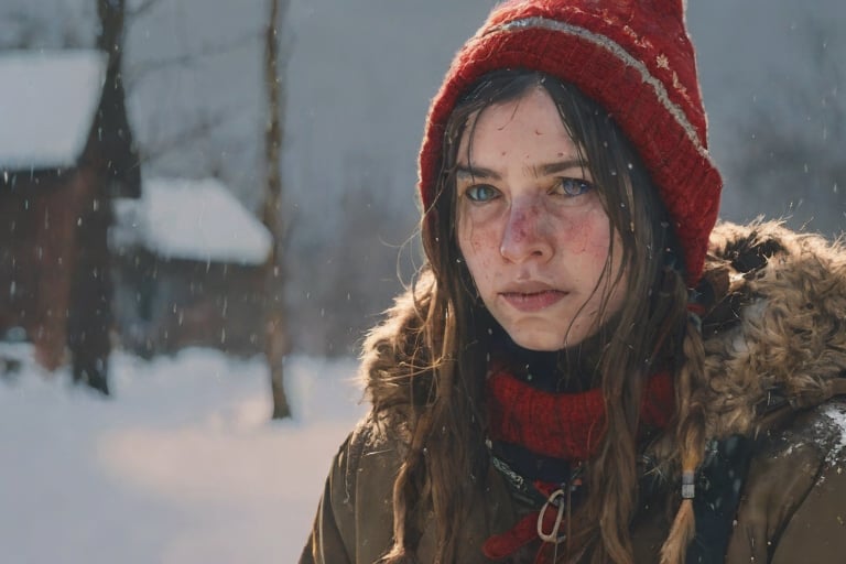 photograph, concept art, Vulgar Emotional traditional Sami 1girl, wearing Arcane, winter background, stylized by Gary Bunt, Emo Art, side light, Cinestill 50, F/14, expressive brush strokes, sharp
