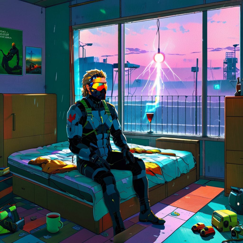 masterpiece, best quality, (((Metal Gear Solid Snake in sleeping wear drinking 1 cup of tea casually))), looking at the camera,real life, art by simon stalenhag, ,aw0k geometry,aw0k straightstyle