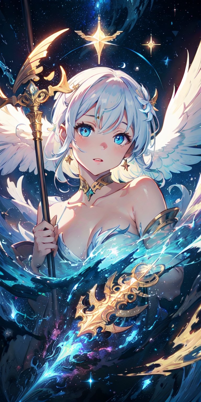 ((masterpiece)), best quality, 8k, high quality, high resolution, super detailed, ultra detailed, photorealistic, beautiful and finely detailed face and eyes, ultra detailed and detailed skin texture, expressive eyes, enchanting beauty, 1 girl, feathered wings, (celestial hair), celestial eyes, flowing robes, (divine staff), radiant aura, (heavenly guardian), celestial guardian, (heavenly chorus), ((divine serenity)), celestial realm, floating citadel, celestial constellations, (protecting realms), (serene), since eternity, Seraphiel, celestial eyes, celestial background.