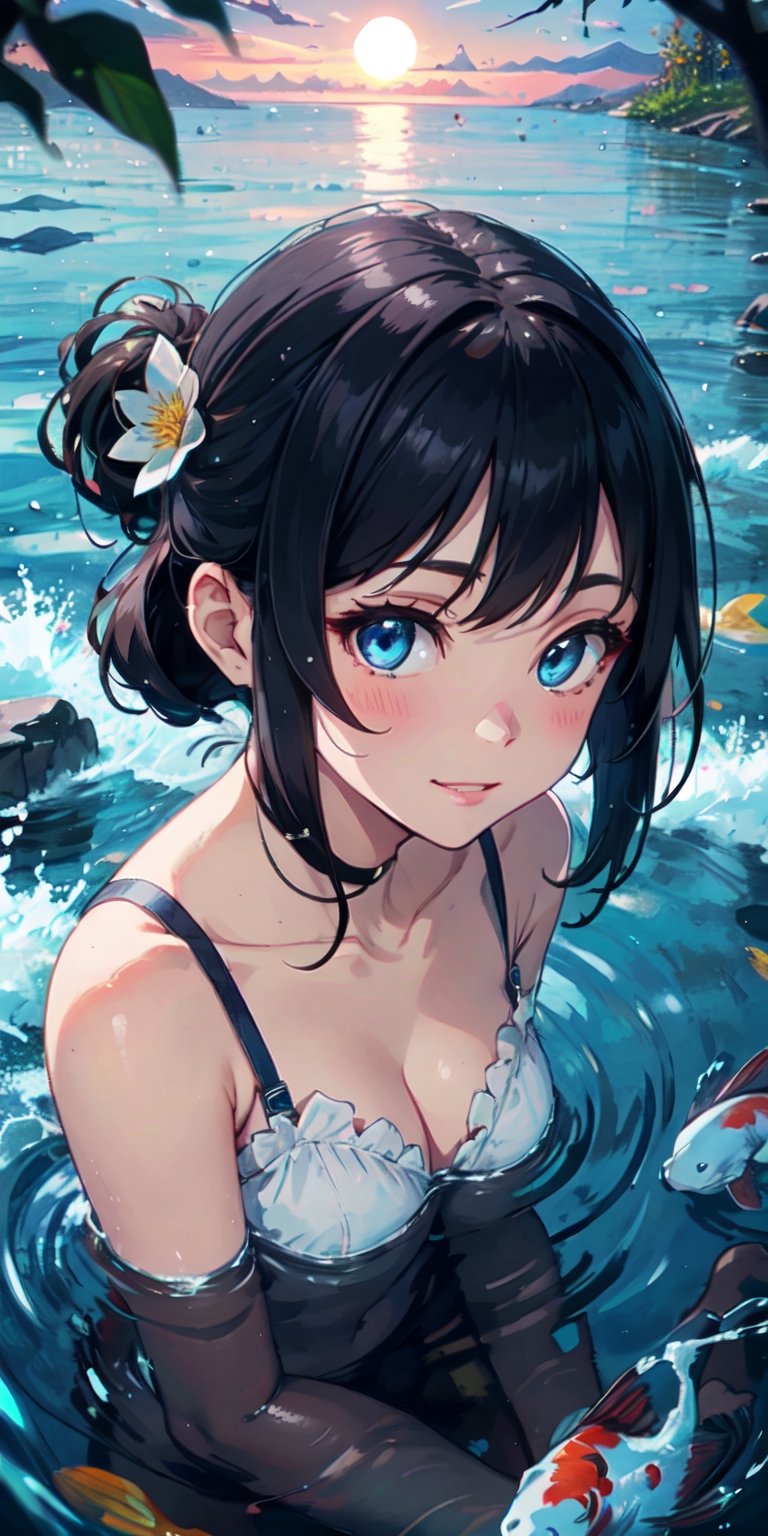 ((Masterpiece)), best quality, 8k, high quality, high resolution, super detailed, ultra detailed, photorealistic, beautiful and finely detailed face and eyes, ultra detailed and detailed skin texture, expressive eyes, 1 girl, graceful expression, (kappa shell), gentle blue eyes, flowing hair, bare shoulders, (riverbank), koi fish, serene stance, dreamy gaze, ((serene smile)), dusk, river, crashing waves, moonlight, (underwater ritual), (magical night), since the love was found, Kappahime, kappa-like eyes, enchanted background.