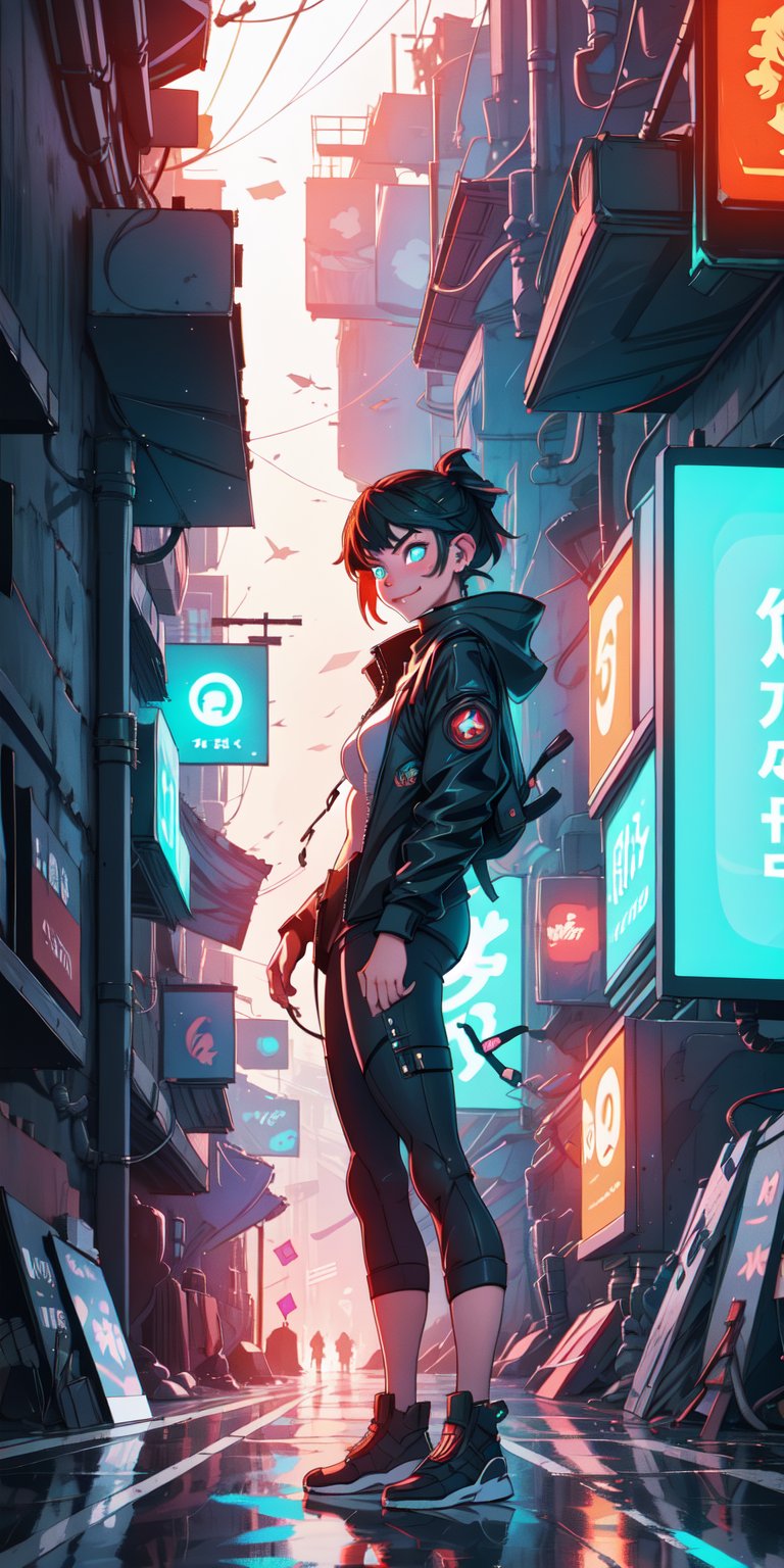 ((masterpiece)), best quality, 8k, high quality, high resolution, super detailed, ultra detailed, photorealistic, dystopian and finely detailed face and eyes, ultra detailed and detailed skin texture, cyberpunk eyes, perfect face, 1 girl, neon-hued hair, (rebel attire), defiant expression, (underground aura), holding a resistance emblem, standing amidst the ruins of a futuristic city, determined gaze, ((rebellious smirk)), night, neon-lit metropolis, towering skyscrapers, cyberpunk ambiance, (glowing neon signs), (distant sirens), since societal upheaval, Nyx, rebellious eyes, "Blade Runner" inspired background.