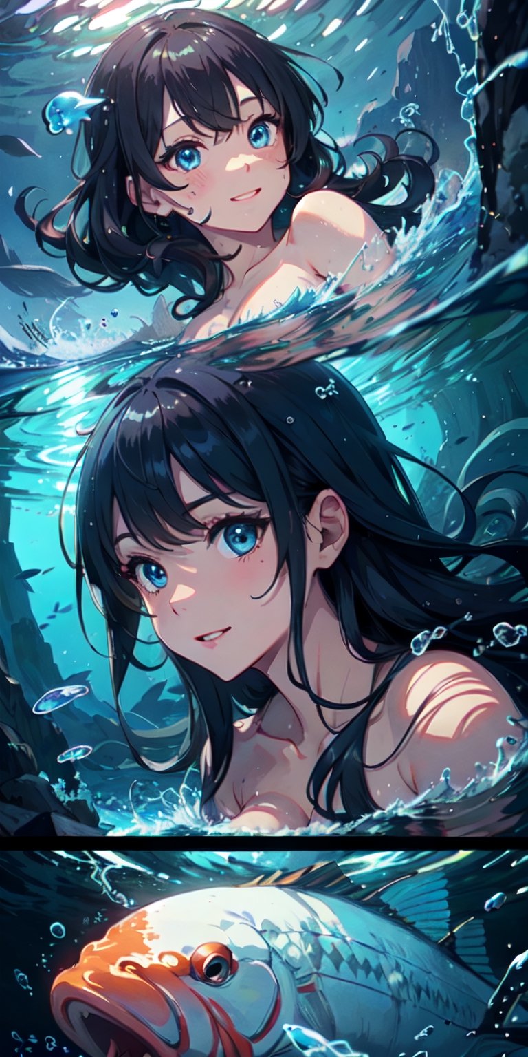 ((Masterpiece)), best quality, 8k, high quality, high resolution, super detailed, ultra detailed, photorealistic, beautiful and finely detailed face and eyes, ultra detailed and detailed skin texture, expressive eyes, 1 girl, graceful expression, (kappa shell), gentle blue eyes, flowing hair, bare shoulders, (riverbank), koi fish, serene stance, dreamy gaze, ((serene smile)), dusk, river, crashing waves, moonlight, (underwater ritual), (magical night), since the love was found, Kappahime, kappa-like eyes, enchanted background.