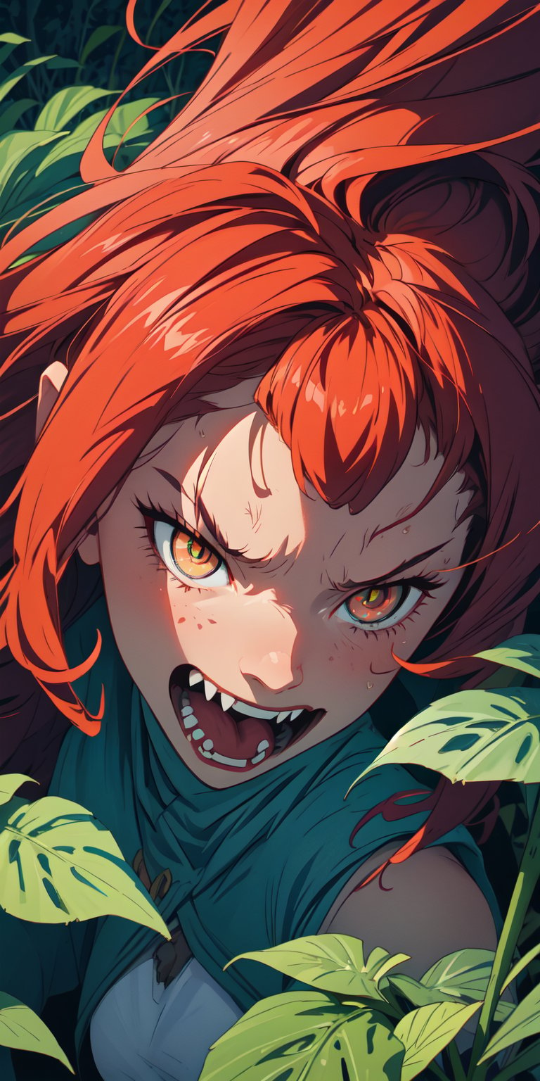 ((masterpiece)), best quality, 8k, high quality, high resolution, super detailed, ultra detailed, photorealistic, ferocious and finely detailed face and eyes, ultra detailed and detailed skin texture, feral eyes, perfect face, 1 girl, wild crimson hair, (feral attire), amber eyes, (bestial aura), surrounded by eerie forest shadows, holding a cursed blade, fierce expression, ((feral snarl)), night, haunted woods, rustling leaves, primal ambiance, (howling winds), (eerie growls), since ancient times, Oni, feral eyes, background of haunted forest.