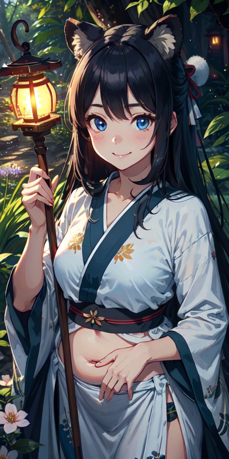 ((Masterpiece)), best quality, 8k, high quality, high resolution, super detailed, ultra detailed, photorealistic, beautiful and finely detailed face and eyes, ultra detailed and detailed skin texture, expressive eyes, 1 girl, wise expression, (tanuki belly), mischievous blue eyes, flowing gown, staff, (tanuki lantern), wisdom, wise stance, discerning gaze, ((knowing smile)), dawn, forest, towering trees, dew-covered flowers, (nature ritual), (magical day), since the spell was cast, Tanukihime, tanuki-like eyes, enchanted background.