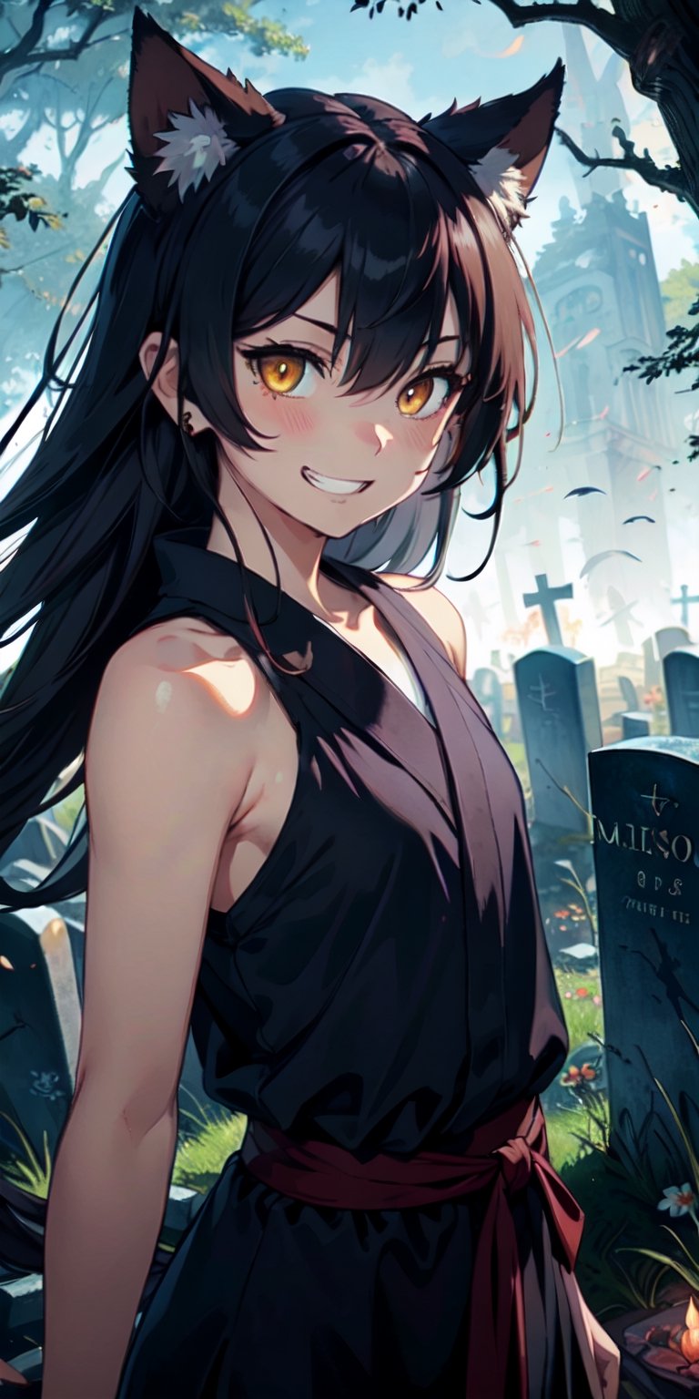 ((Masterpiece)), best quality, 8k, high quality, high resolution, super detailed, ultra detailed, photorealistic, beautiful and finely detailed face and eyes, ultra detailed and detailed skin texture, expressive eyes, 1 girl, mischievous expression, (inugami ears), cunning yellow eyes, flowing hair, bare shoulders, (graveyard), spirits, mischievous stance, playful gaze, ((giggling grin)), midnight, cemetery, tombstones, fog, (forbidden ritual), (cursed night), since the trick was played, Inugamihime, inugami-like eyes, enchanted background.