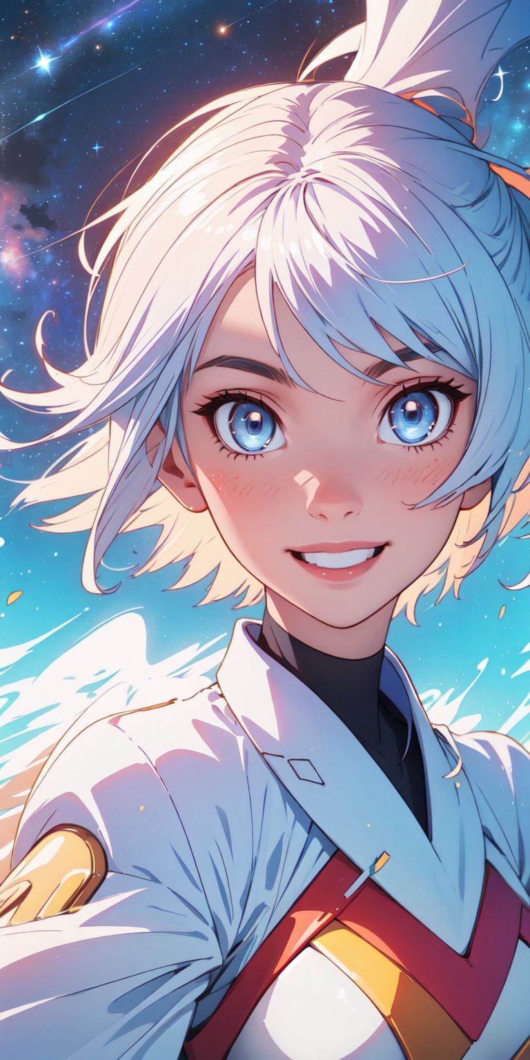 ((masterpiece)), best quality, 8k, high quality, high resolution, super detailed, ultra detailed, photorealistic, ethereal and finely detailed face and eyes, ultra detailed and detailed skin texture, airy eyes, perfect face, 1 girl, wispy silver hair, (celestial attire), celestial blue eyes, (feathered wings), (celestial aura), floating amidst the starlit sky, distant galaxies above, serene expression, ((tranquil smile)), night, cosmic expanse, shimmering stars, celestial majesty, (twinkling constellations), (cosmic quiet), since cosmic inception, Aelora, airy eyes, background of starlit cosmos.