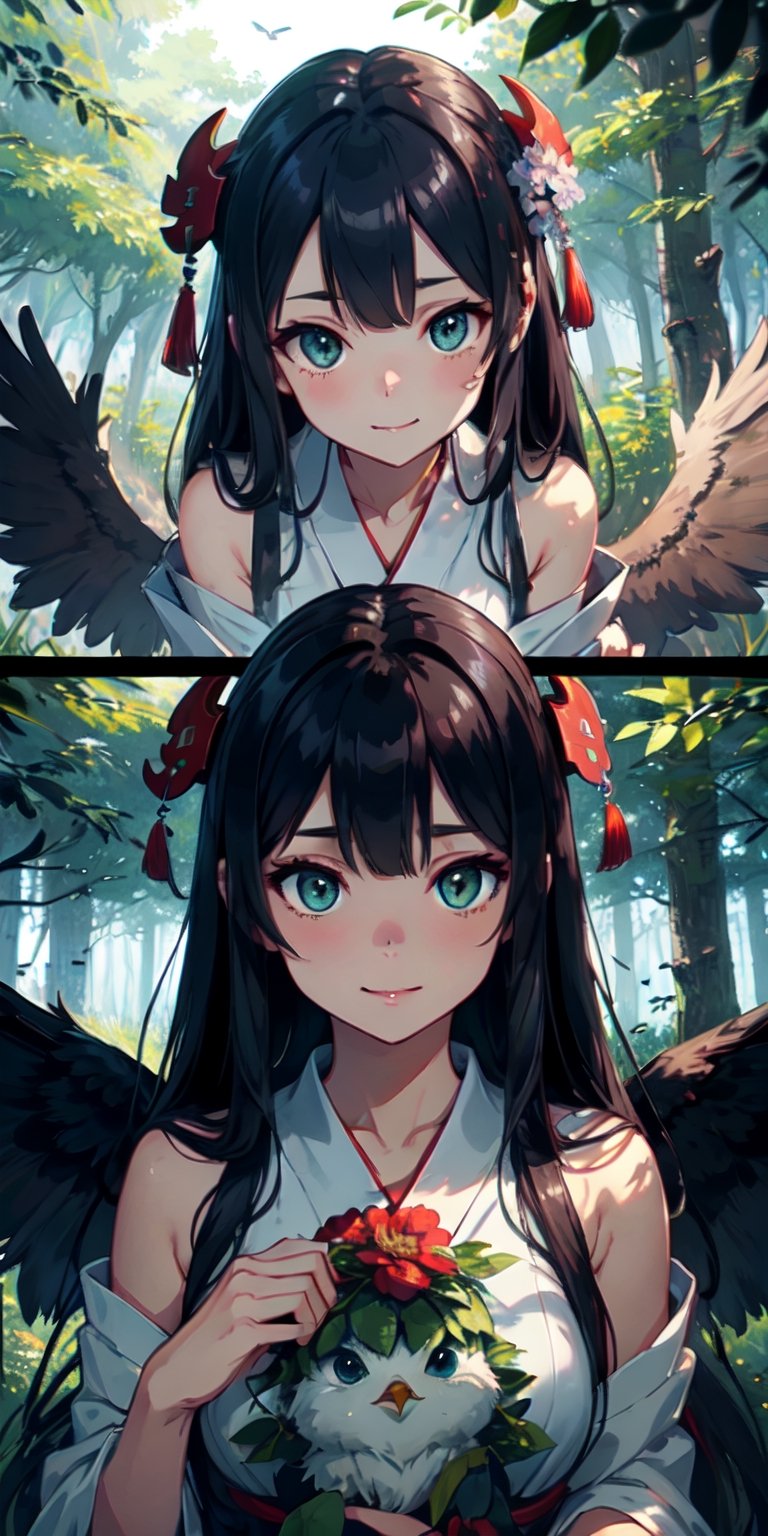 ((Masterpiece)), best quality, 8k, high quality, high resolution, super detailed, ultra detailed, photorealistic, beautiful and finely detailed face and eyes, ultra detailed and detailed skin texture, expressive eyes, 1 girl, compassionate expression, (tengu wings), gentle green eyes, flowing hair, bare shoulders, (forest clearing), birds, compassionate stance, caring gaze, ((warm smile)), dusk, forest, towering trees, dew-covered flowers, (nature ritual), (magical day), since the creature was saved, Tenguhime, tengu-like eyes, enchanted background.