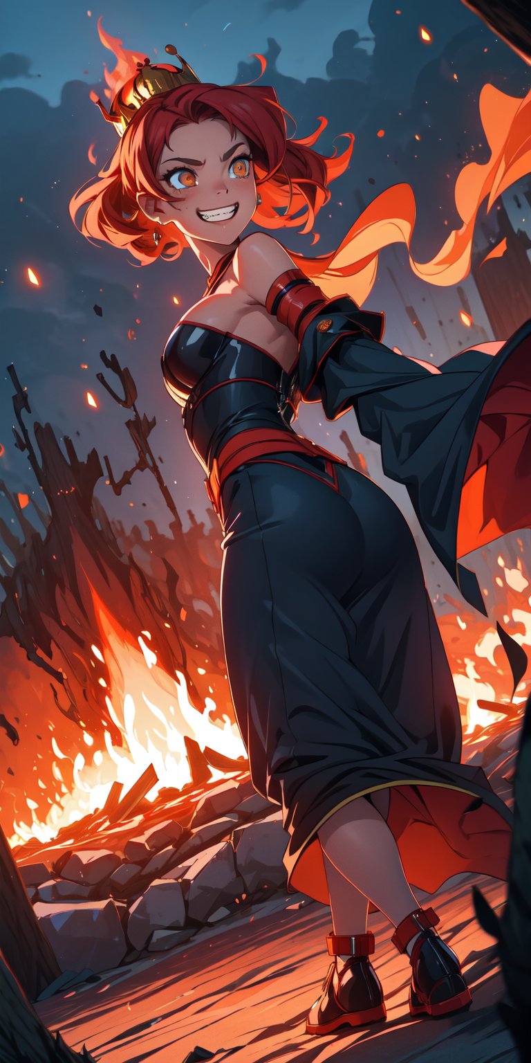 ((masterpiece)), best quality, 8k, high quality, high resolution, super detailed, ultra detailed, photorealistic, fiery and finely detailed face and eyes, ultra detailed and detailed skin texture, fiery eyes, perfect face, 1 girl, blazing red hair, (fiery attire), flaming orange eyes, (fiery crown), (infernal aura), standing before a roaring bonfire, passionate expression, ((burning grin)), twilight, fiery landscape, crackling flames, intense atmosphere, (crackling embers), (dancing flames), since primordial times, Ignia, fiery eyes, background of blazing inferno.