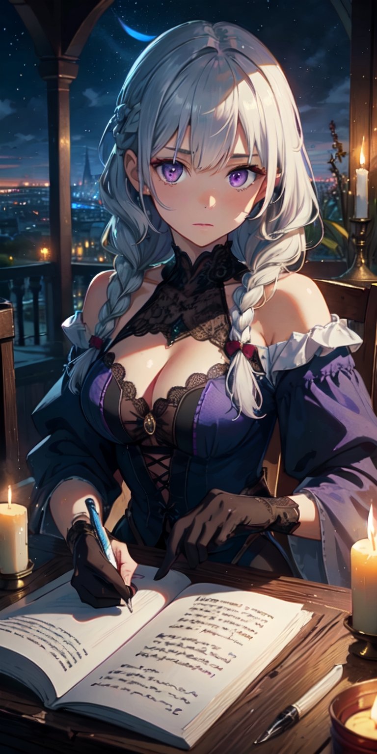 ((masterpiece)), best quality, 8k, high quality, high resolution, super detailed, ultra detailed, photorealistic, beautiful and finely detailed face and eyes, perfect hands, ultra detailed and detailed skin texture, expressive eyes, perfect face, 1 girl, braided hair, (silver hair), violet eyes, hourglass figure, medieval gown, lace gloves, (quill and parchment), castle chamber, writing a letter, thoughtful expression, ((quizzical look)), night, medieval castle, candlelight, (writing by candlelight), (medieval fantasy), since twilight, Elowen, medieval eyes, fantasy castle background.

