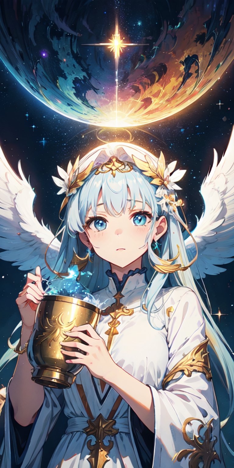 ((masterpiece)), best quality, 8k, high quality, high resolution, super detailed, ultra detailed, photorealistic, beautiful and finely detailed face and eyes, ultra detailed and detailed skin texture, expressive eyes, 1 girl, avian wings, (feathered hair), mesmerizing eyes, iridescent feathers, celestial robes, (holy chalice), ethereal grace, (divine messenger), celestial messenger, ((angelic serenity)), heavenly realm, celestial citadel, radiant clouds, (guiding souls), (peaceful), since creation's dawn, Seraphina, celestial eyes, angelic background