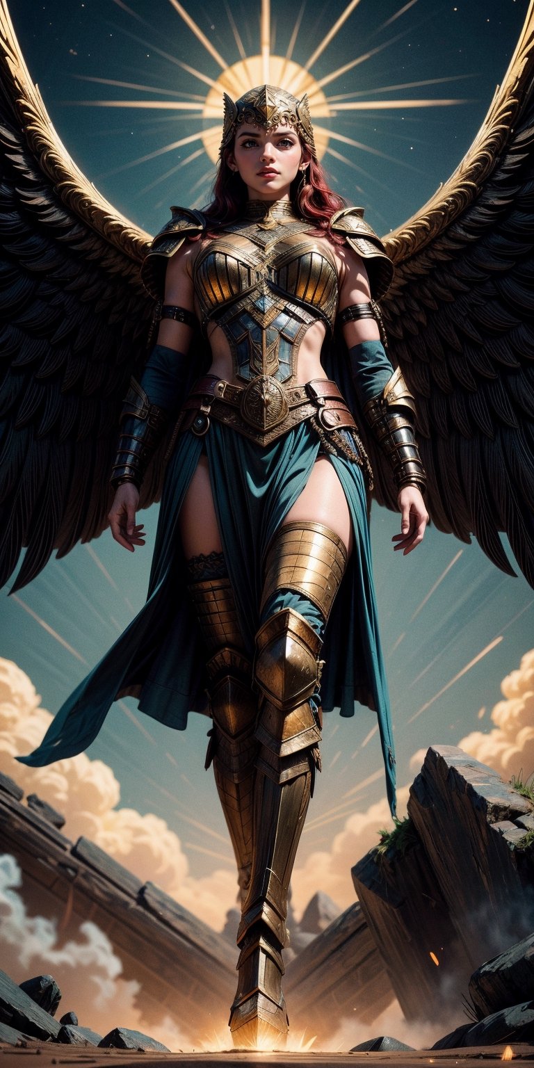 In the Realm of Asgard, Emitting a Divine Glow, Emerging from the Sun Rays, Eyes Sparkling with Heroic Valor, Additional Eyes Scanning from the Fallen Heroes, Wrapped in Honor, The Valkyrie, Wings of Glory, Bold Gaze, Draped in Epic Armor