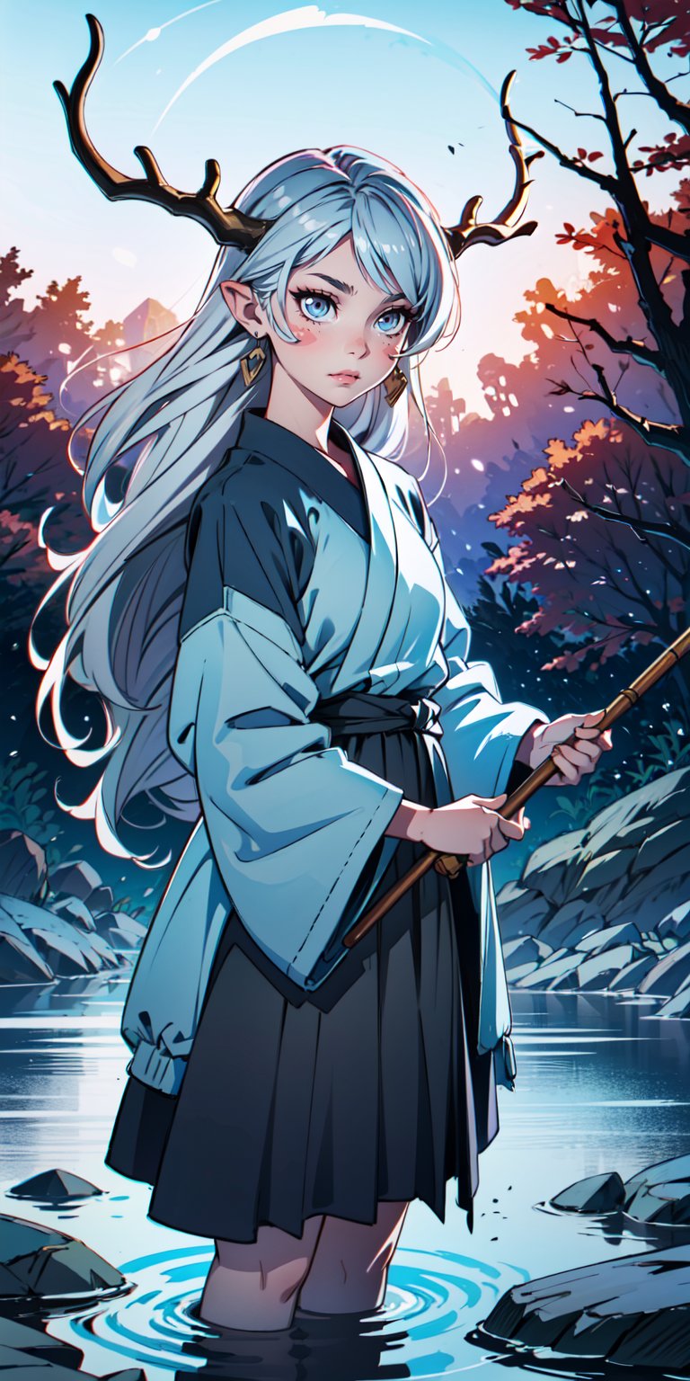 oni, demon girl, burnt markings on face, antler-like horns, silver hair, intricate, pale ((blue skin)), moonlit clearing, standing beside stream, meditating, detailed face, staff, tattered skirt, wholesome