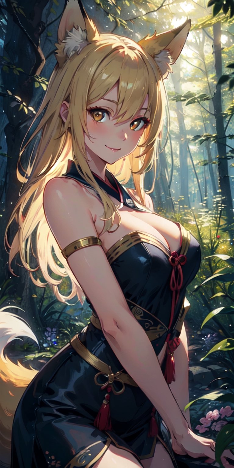 ((Masterpiece)), best quality, 8k, high quality, high resolution, super detailed, ultra detailed, photorealistic, beautiful and finely detailed face and eyes, ultra detailed and detailed skin texture, expressive eyes, 1 girl, seductive expression, (kitsune fox tail), cunning golden eyes, flowing hair, bare shoulders, (forest clearing), foxes, alluring stance, hypnotizing gaze, ((sultry smile)), dusk, forest, towering trees, dew-covered flowers, (nature ritual), (magical day), since the spell was cast, Kitsune, fox-like eyes, enchanted background.
