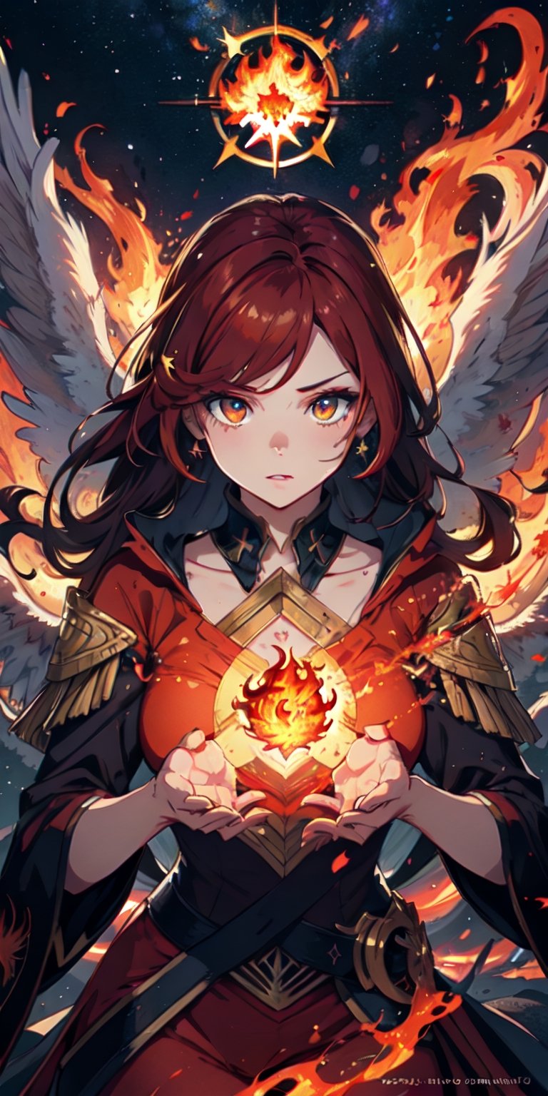 ((masterpiece)), best quality, 8k, high quality, high resolution, super detailed, ultra detailed, photorealistic, beautiful and finely detailed face and eyes, ultra detailed and detailed skin texture, expressive eyes, 1 girl, fiery wings, (phoenix hair), radiant eyes, regal robes, (flaming scepter), phoenix rebirth, (burning destiny), phoenix queen, ((fiery determination)), volcanic island, lava flows, blazing skies, (rising from ashes), (blazing), since the dawn of creation, Pyrrha, fiery eyes, elemental background.