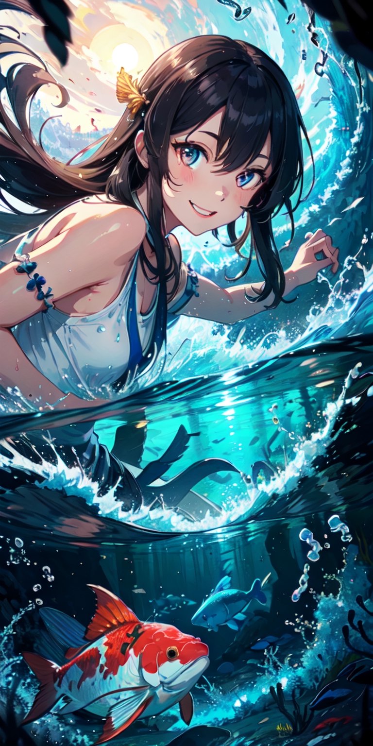 ((Masterpiece)), best quality, 8k, high quality, high resolution, super detailed, ultra detailed, photorealistic, beautiful and finely detailed face and eyes, ultra detailed and detailed skin texture, expressive eyes, 1 girl, cheerful expression, (kappa shell), mischievous golden eyes, flowing hair, bare shoulders, (riverbank), koi fish, carefree stance, carefree gaze, ((beaming smile)), dusk, river, crashing waves, moonlight, (underwater ritual), (magical night), since the day was saved, Kappahime, kappa-like eyes, enchanted background.