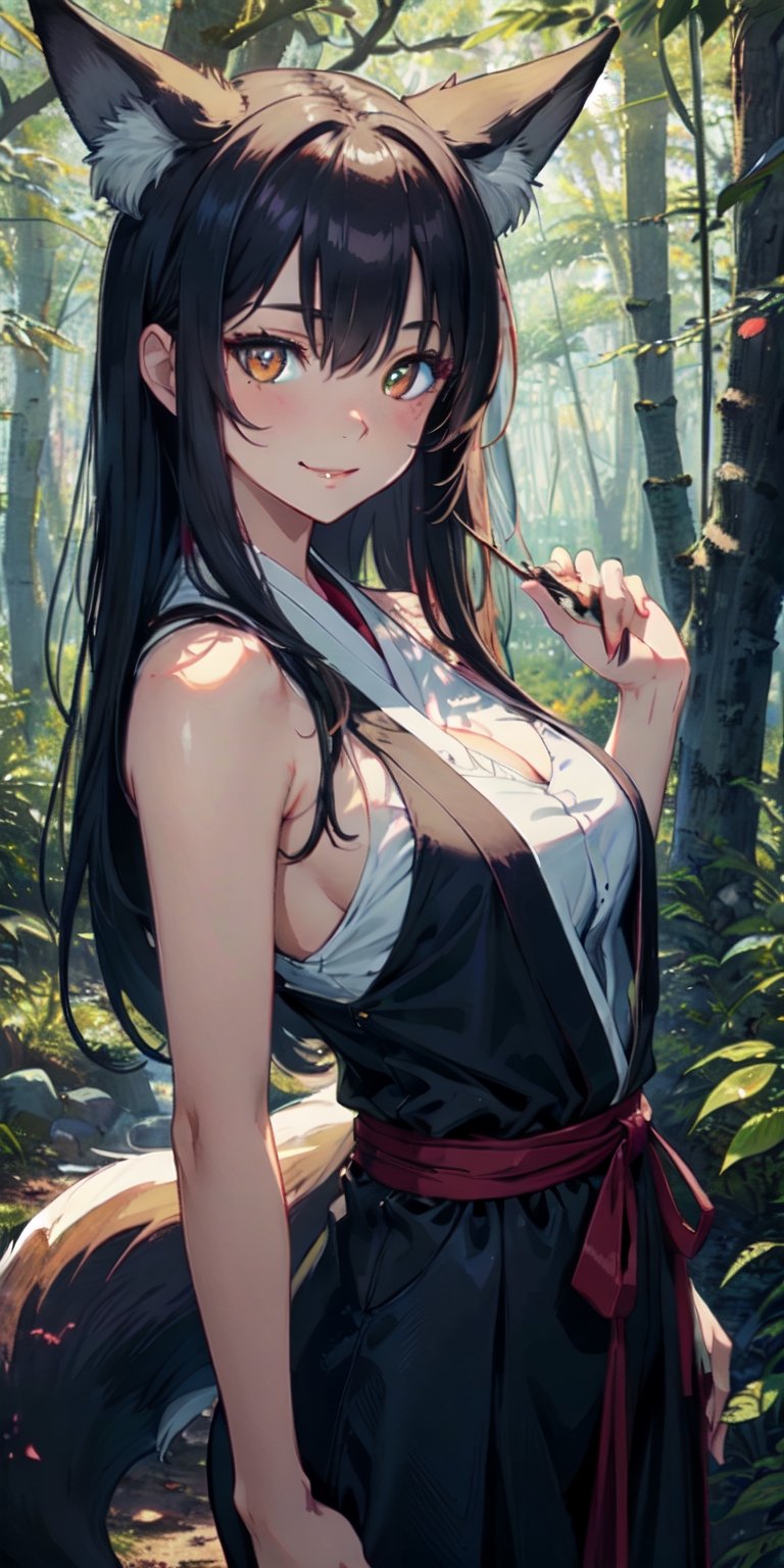 ((Masterpiece)), best quality, 8k, high quality, high resolution, super detailed, ultra detailed, photorealistic, beautiful and finely detailed face and eyes, ultra detailed and detailed skin texture, expressive eyes, 1 girl, seductive expression, (kitsune fox tail), cunning golden eyes, flowing hair, bare shoulders, (forest clearing), foxes, alluring stance, hypnotizing gaze, ((sultry smile)), dusk, forest, towering trees, dew-covered flowers, (nature ritual), (magical day), since the spell was cast, Kitsune, fox-like eyes, enchanted background.
