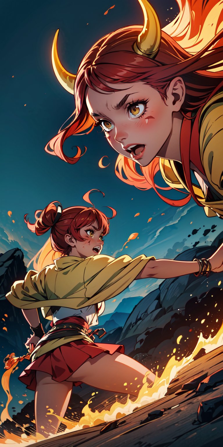 oni, demon girl, tribal scars on face, jagged horns, flame-red hair, rugged, molten ((yellow skin)), volcanic plateau, dancing in lava light, celebrating, detailed face, tribal drums, fiery skirt, wholesome