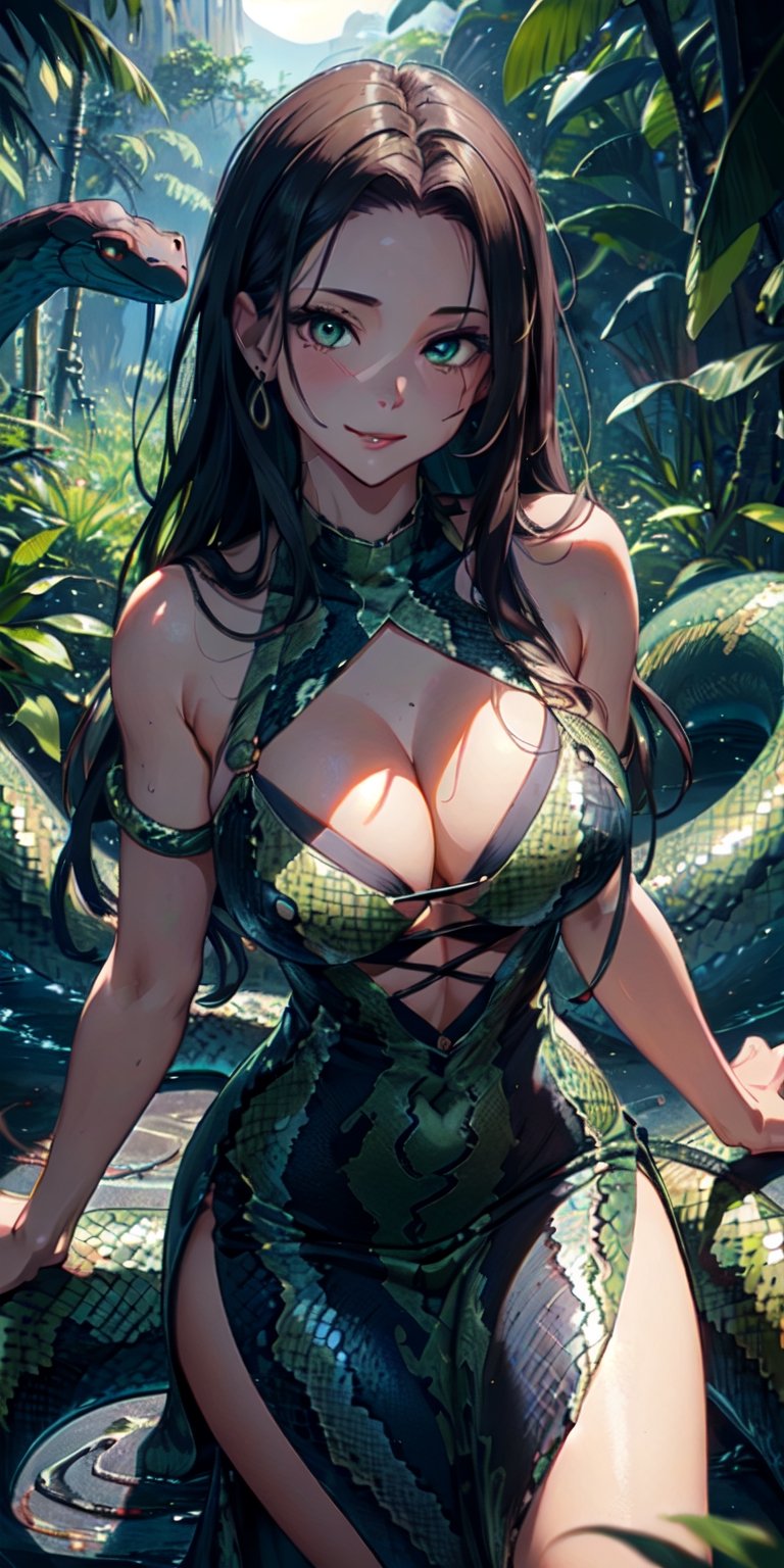 ((Masterpiece)), best quality, 8k, high quality, high resolution, super detailed, ultra detailed, photorealistic, beautiful and finely detailed face and eyes, ultra detailed and detailed skin texture, expressive eyes, 1 girl, seductive expression, (snake skin dress), piercing green eyes, flowing hair, bare shoulders, (snake pit), cobras, alluring stance, hypnotizing gaze, ((sultry smile)), dusk, jungle, lush vegetation, moonlight, (forbidden ritual), (dangerous night), since the spell was cast, Medusa, serpentine eyes, enchanted background.